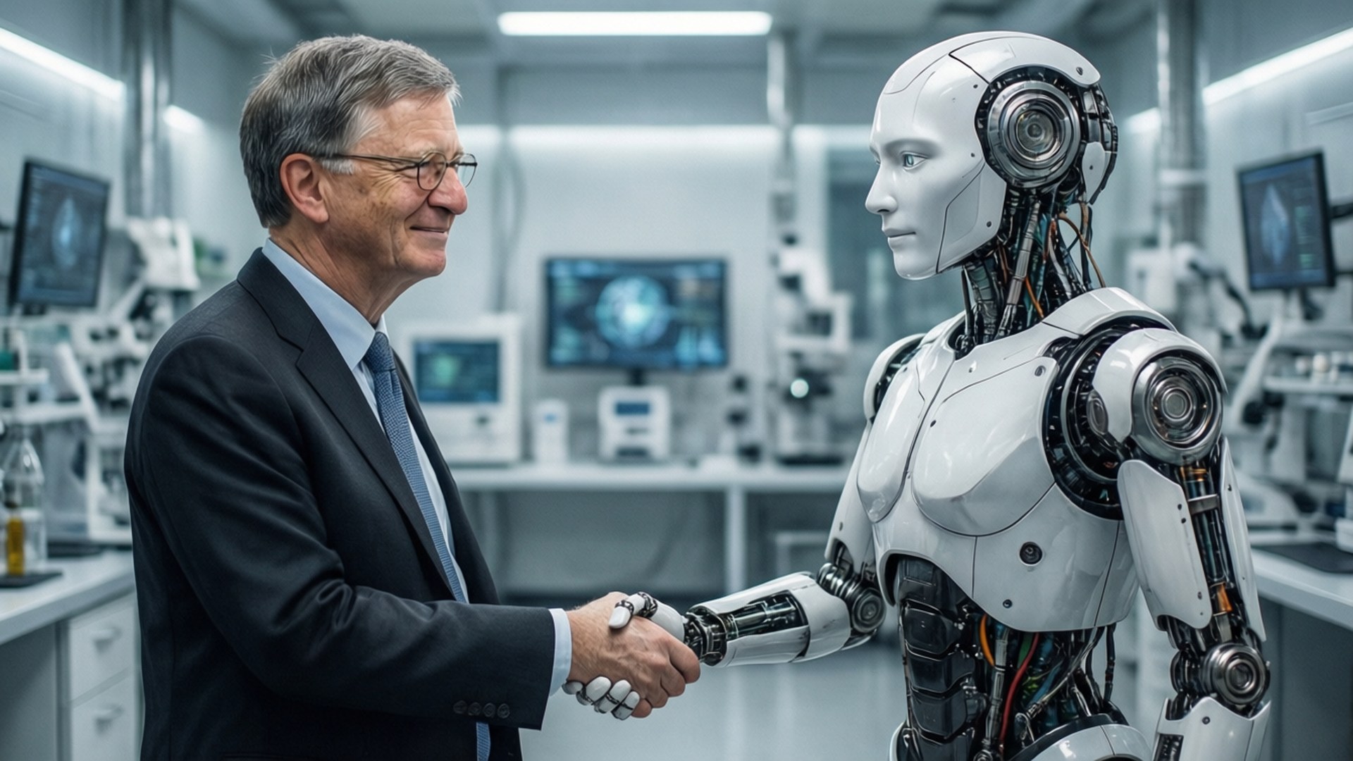 Bill Gates, robot, lab, Full HD Desktop Wallpaper
