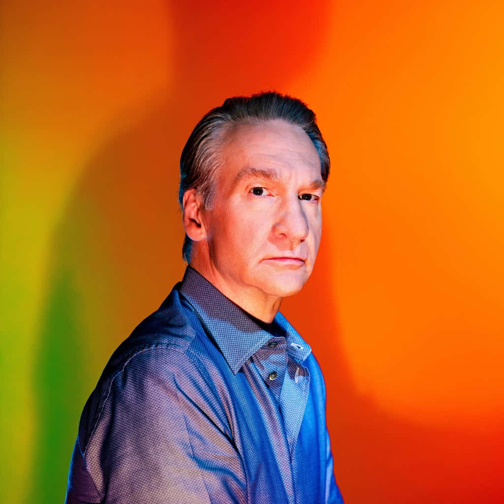 Bill Maher, blue shirt, vibrant gradient background, SD Desktop Wallpaper