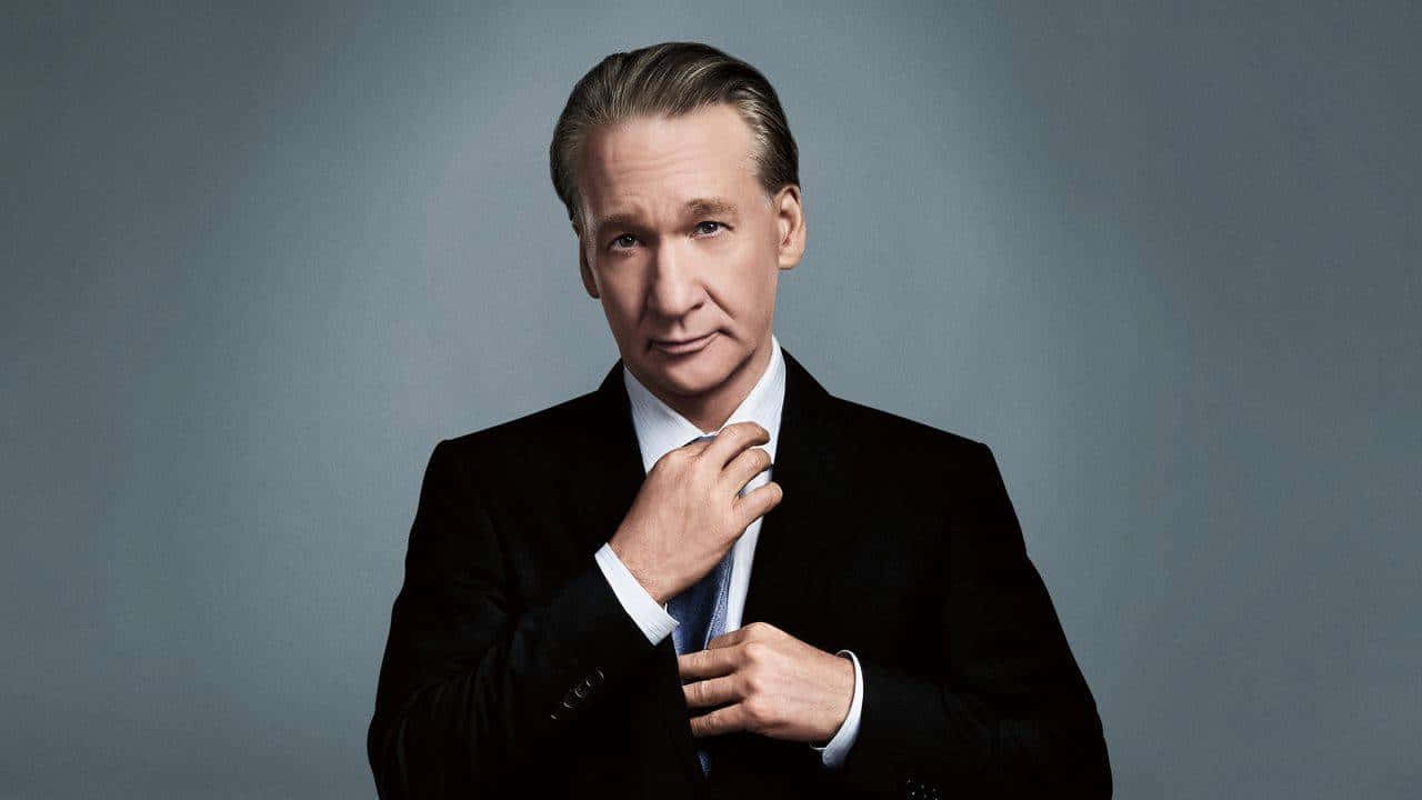 Bill Maher, black suit, gray studio background, HD Desktop Wallpaper