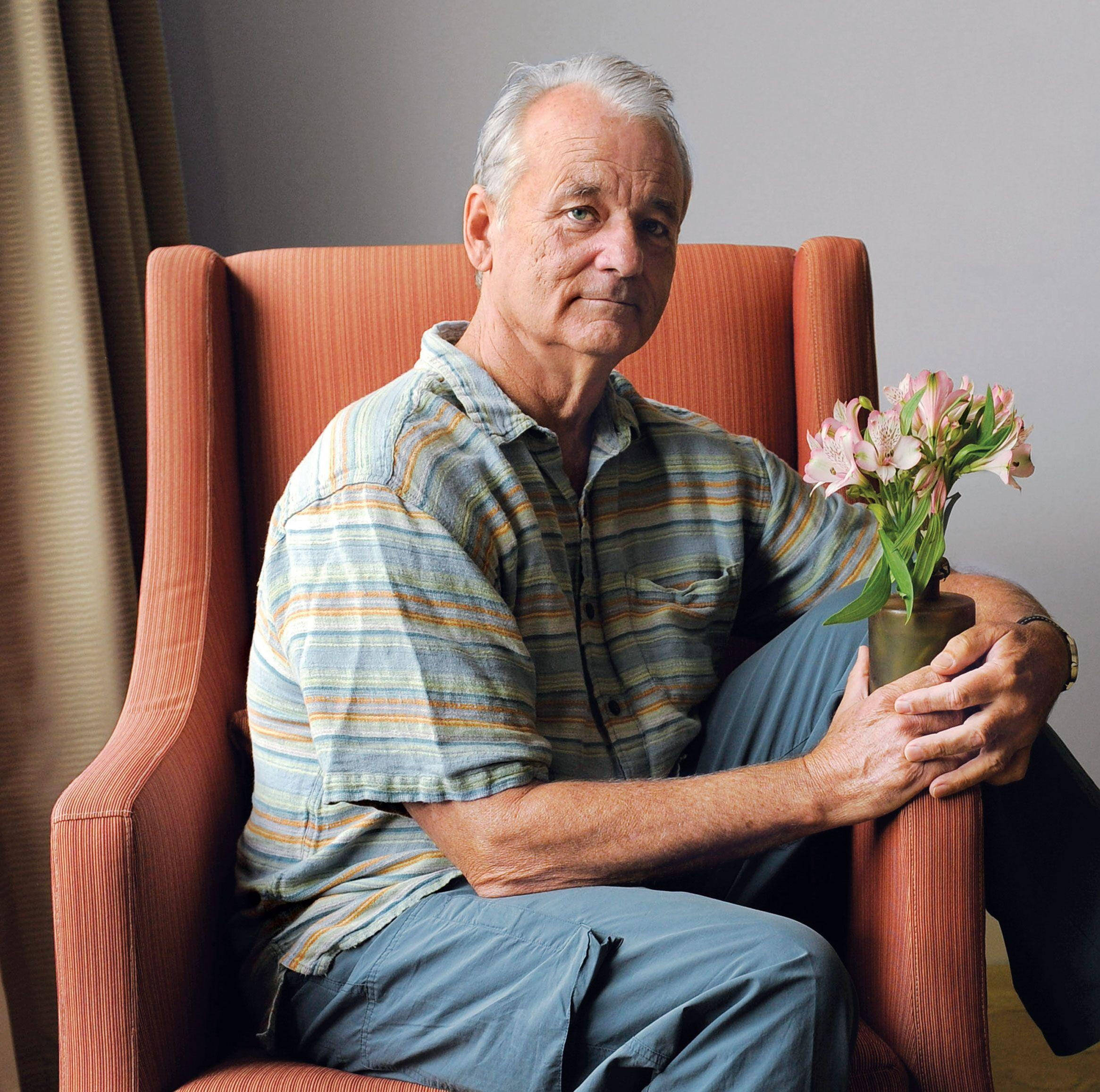 Bill Murray, orange armchair, pink lilies, Full HD Desktop Wallpaper