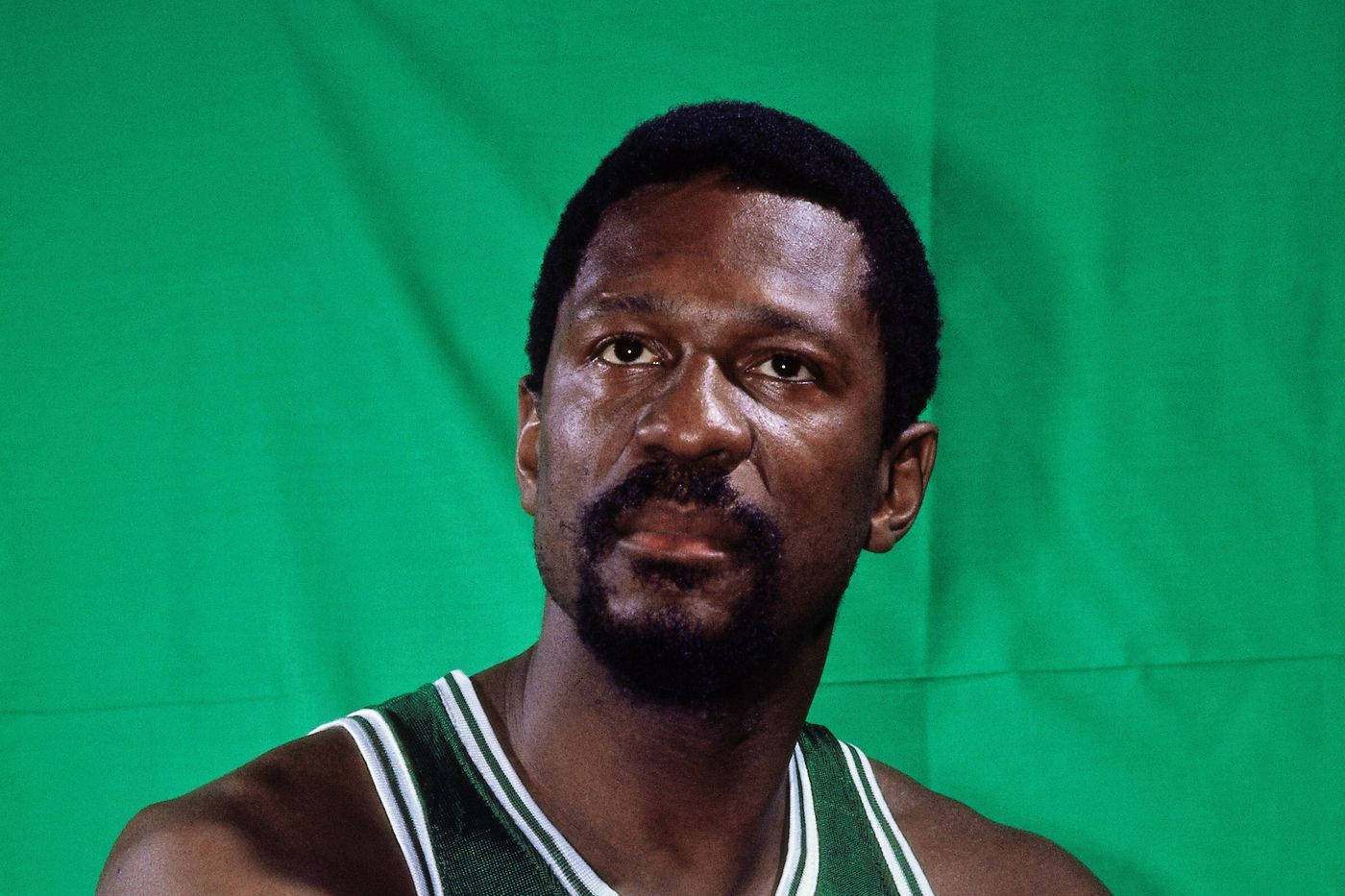 Bill Russell, green and white jersey, solid green backdrop, HD Desktop Wallpaper