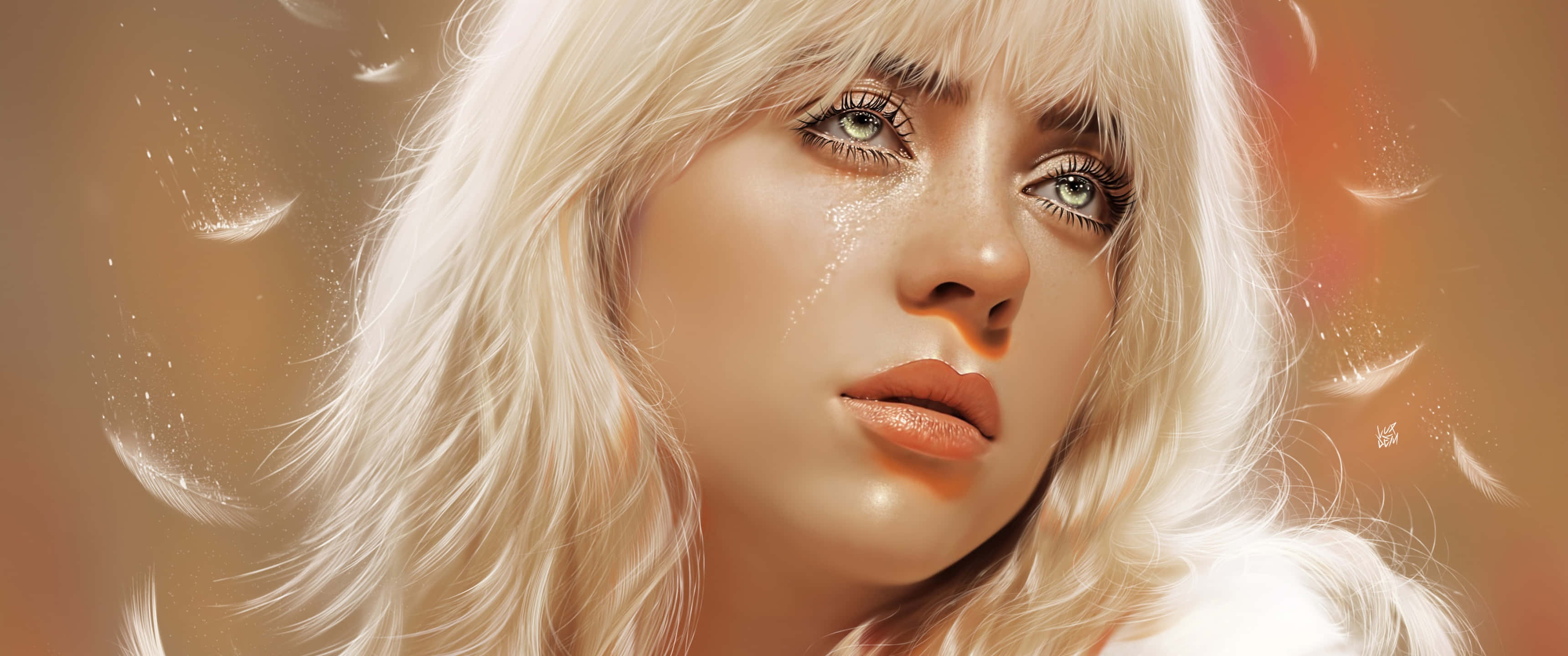 Billie Eilish 2021, platinum blonde hair, tear streaks, 2K Desktop Wallpaper