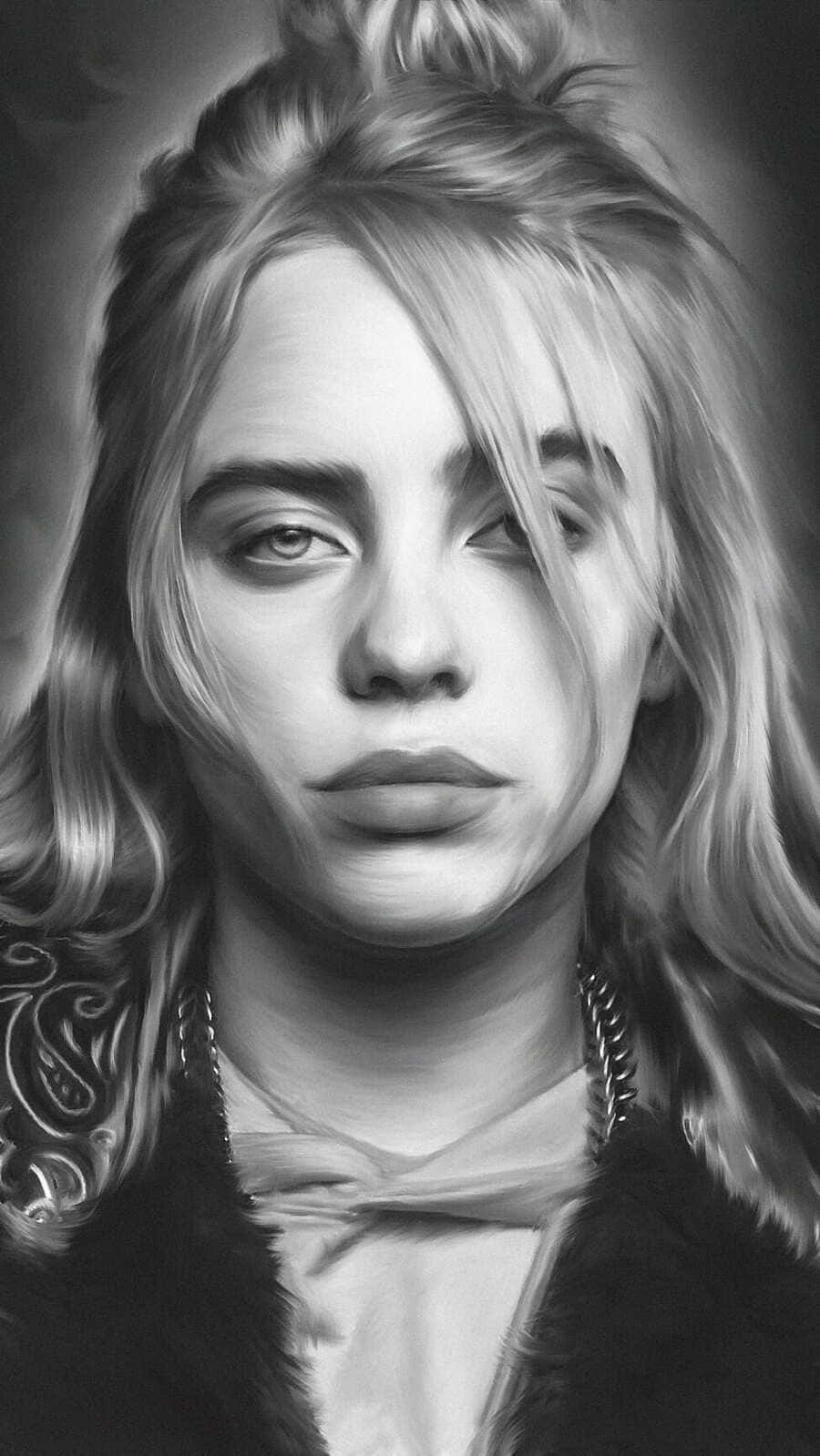 Billie Eilish, monochrome portrait, tousled hair, HD Phone Wallpaper
