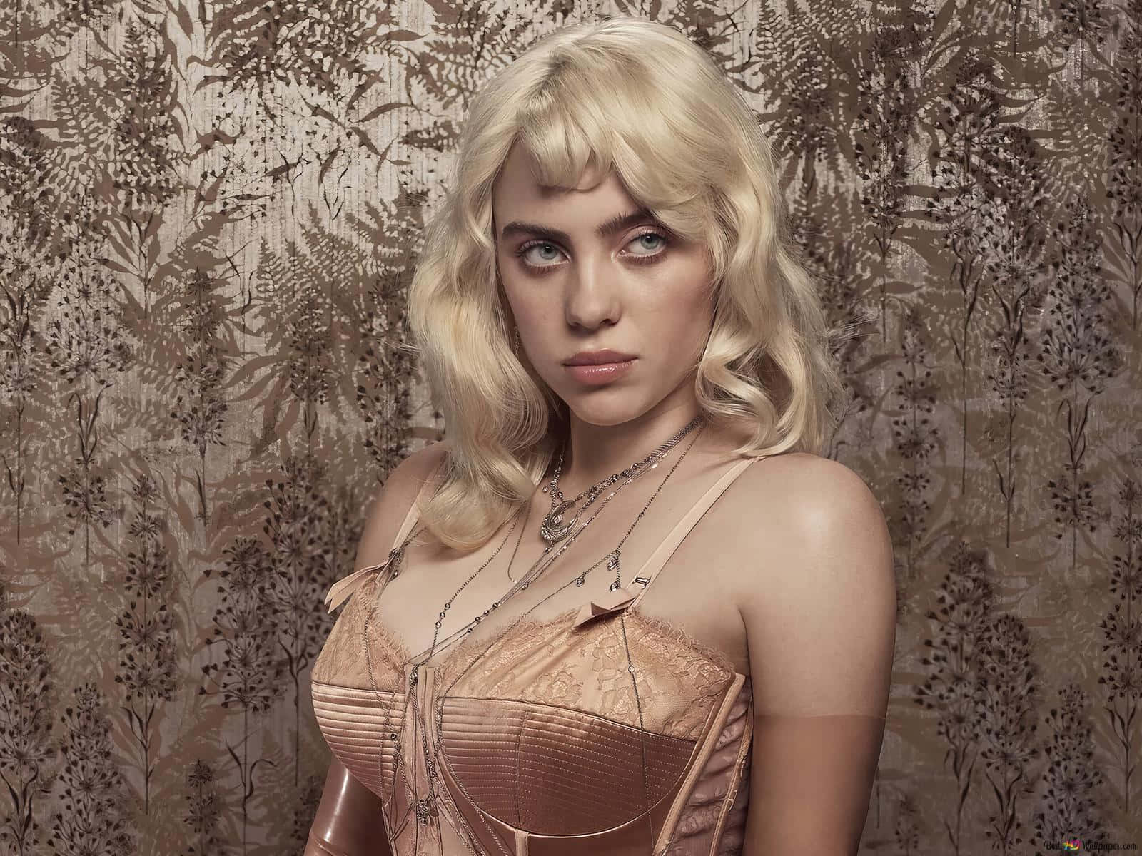 Billie Eilish 2021, metallic corset, vintage floral wallpaper, HD Desktop Wallpaper