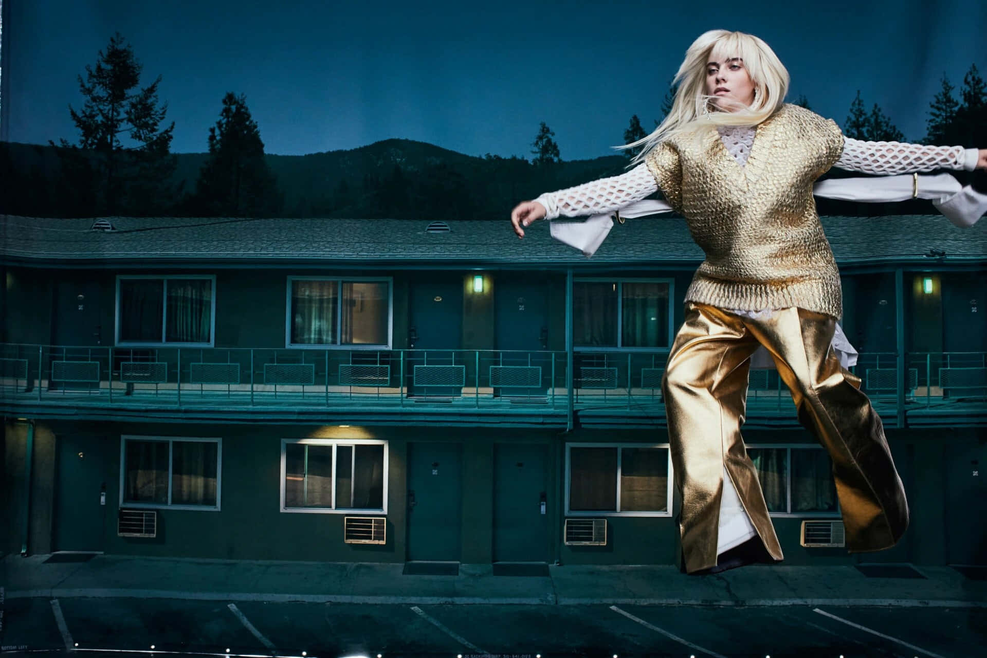 Billie Eilish 2021, shimmering gold outfit, teal motel, Full HD Desktop Wallpaper