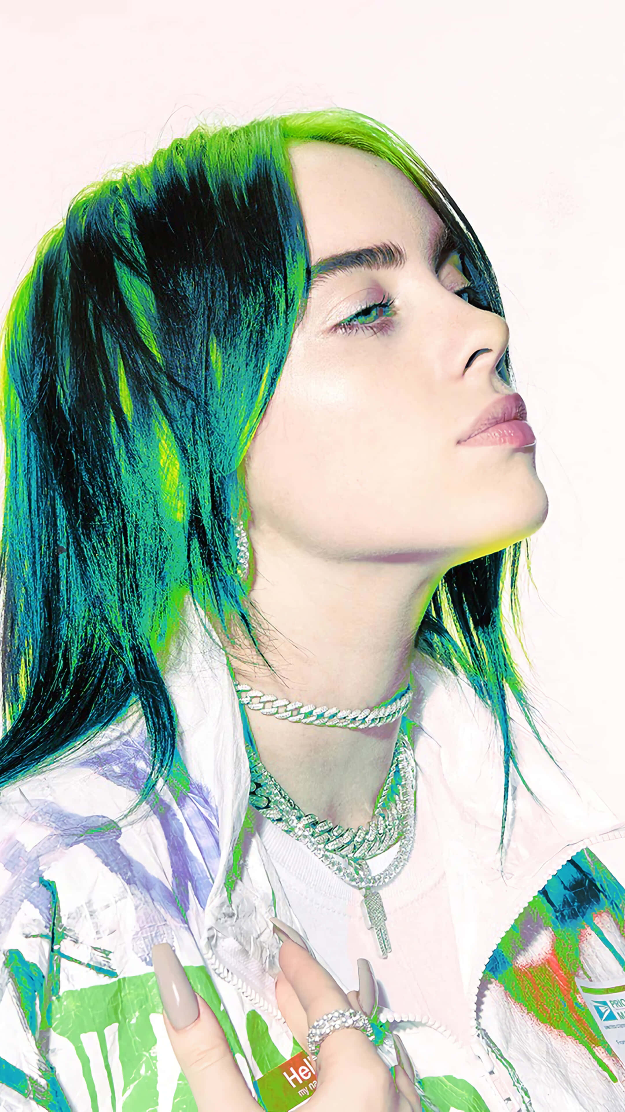 Billie Eilish 2021, green highlights, vibrant green and black hair, 4K Phone Wallpaper