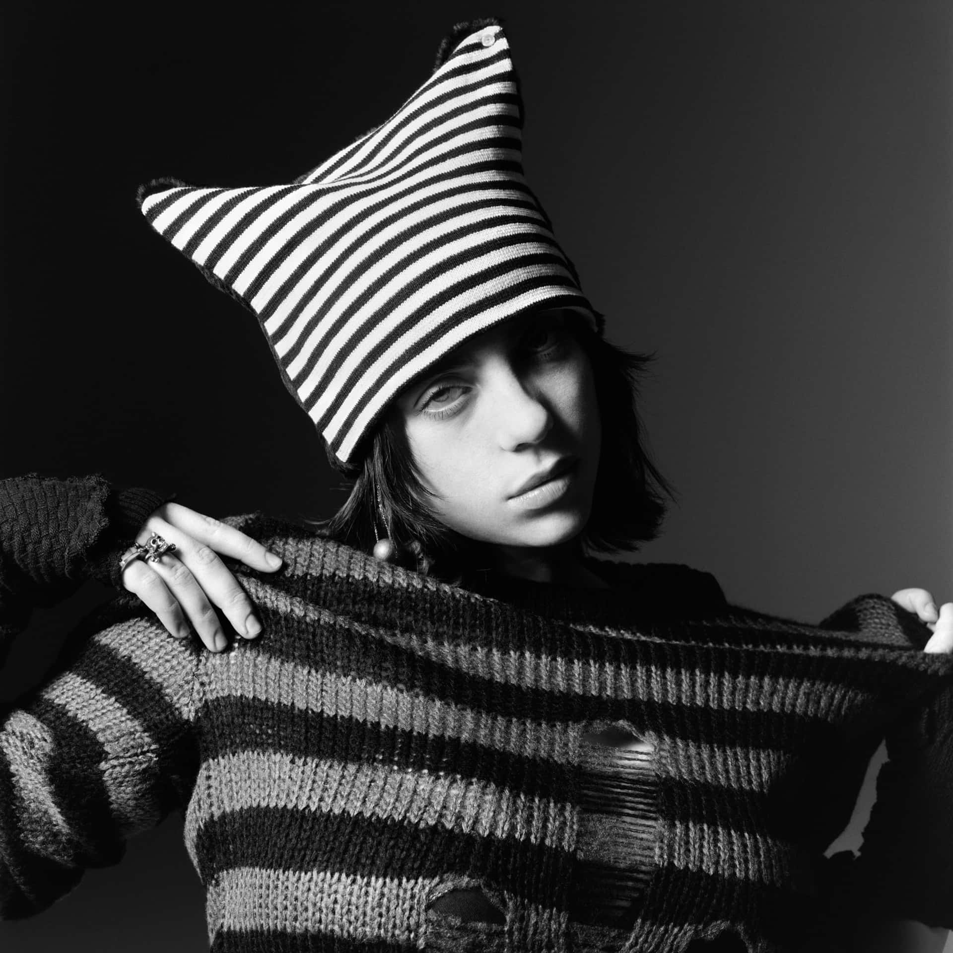 Billie Eilish 2021, star-shaped striped hat, striped sweater, Full HD Desktop Wallpaper
