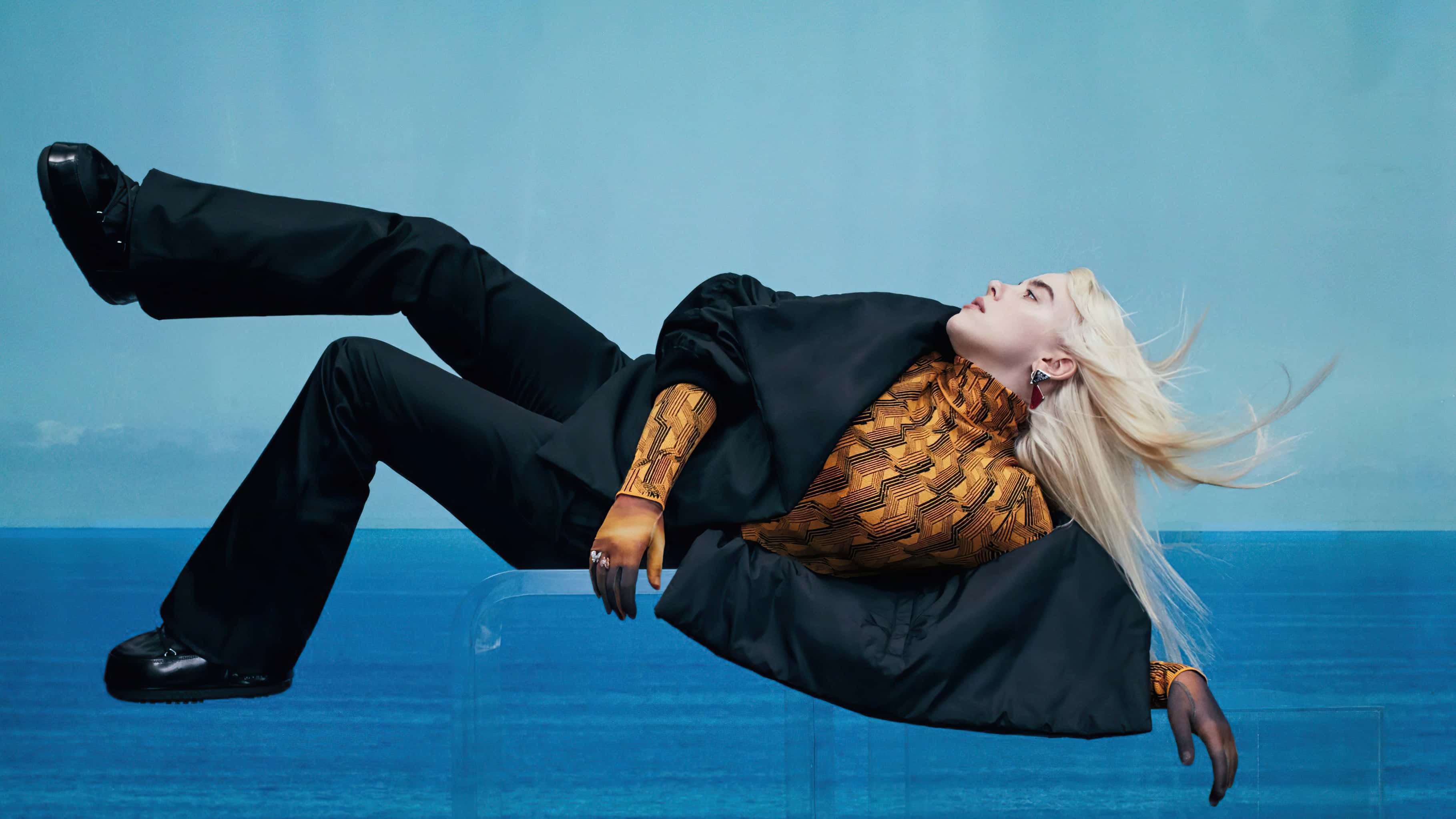 Billie Eilish, 2021, blue gradient background, 2K Desktop Wallpaper