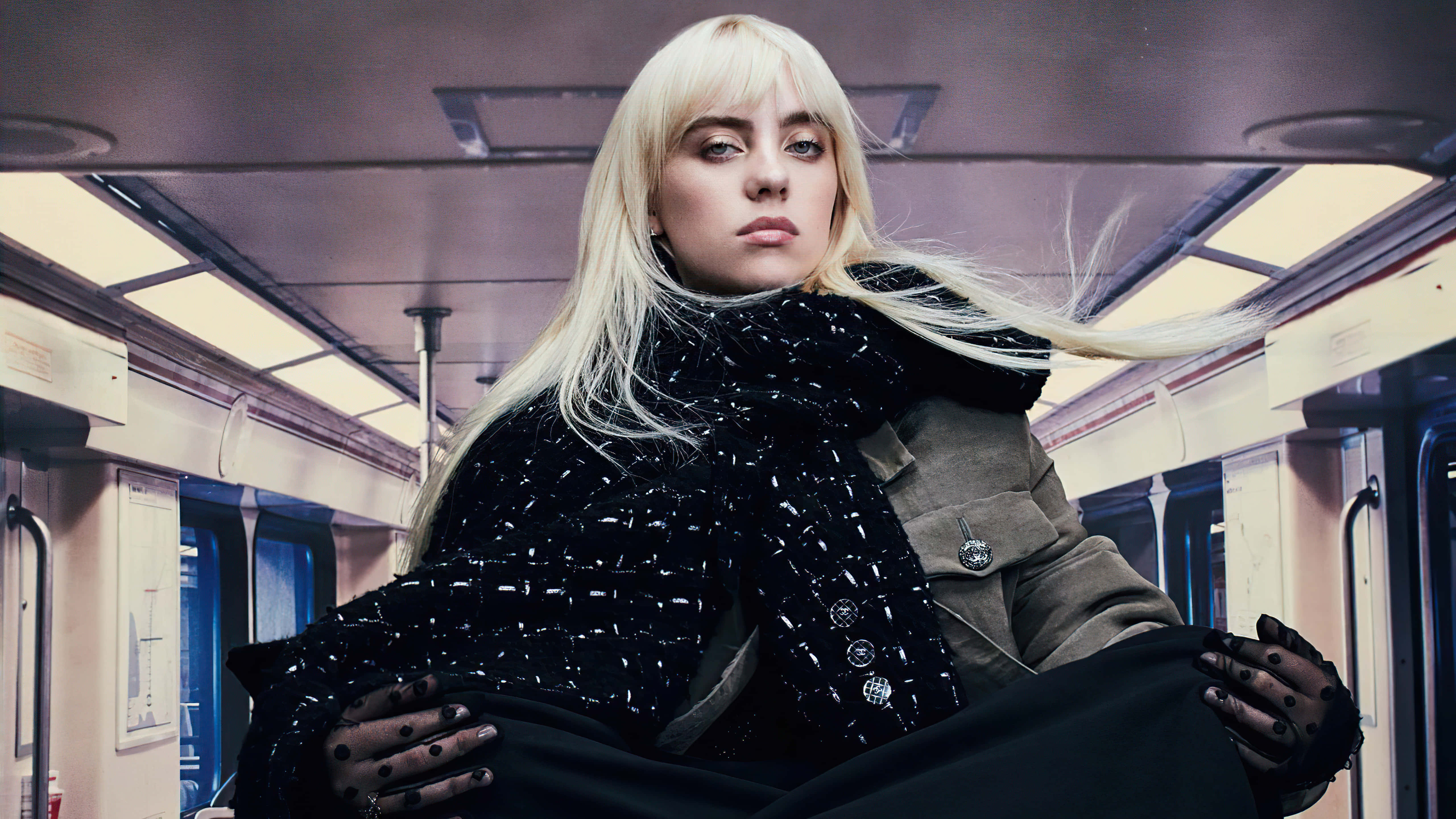 Billie Eilish 2021, subway train, black textured coat, 5K Desktop Wallpaper