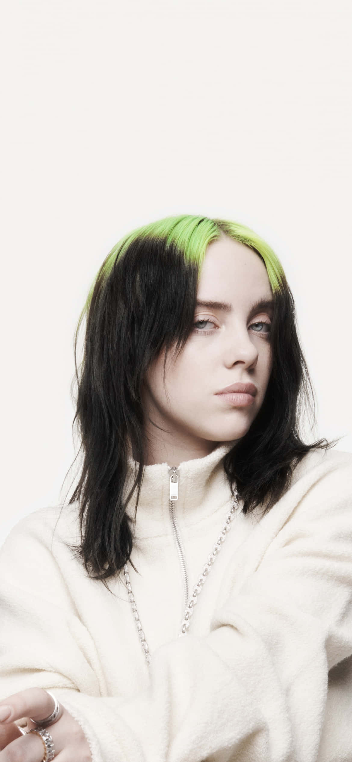 Billie Eilish, neon green hair streaks, soft white zip-up, Full HD Phone Wallpaper