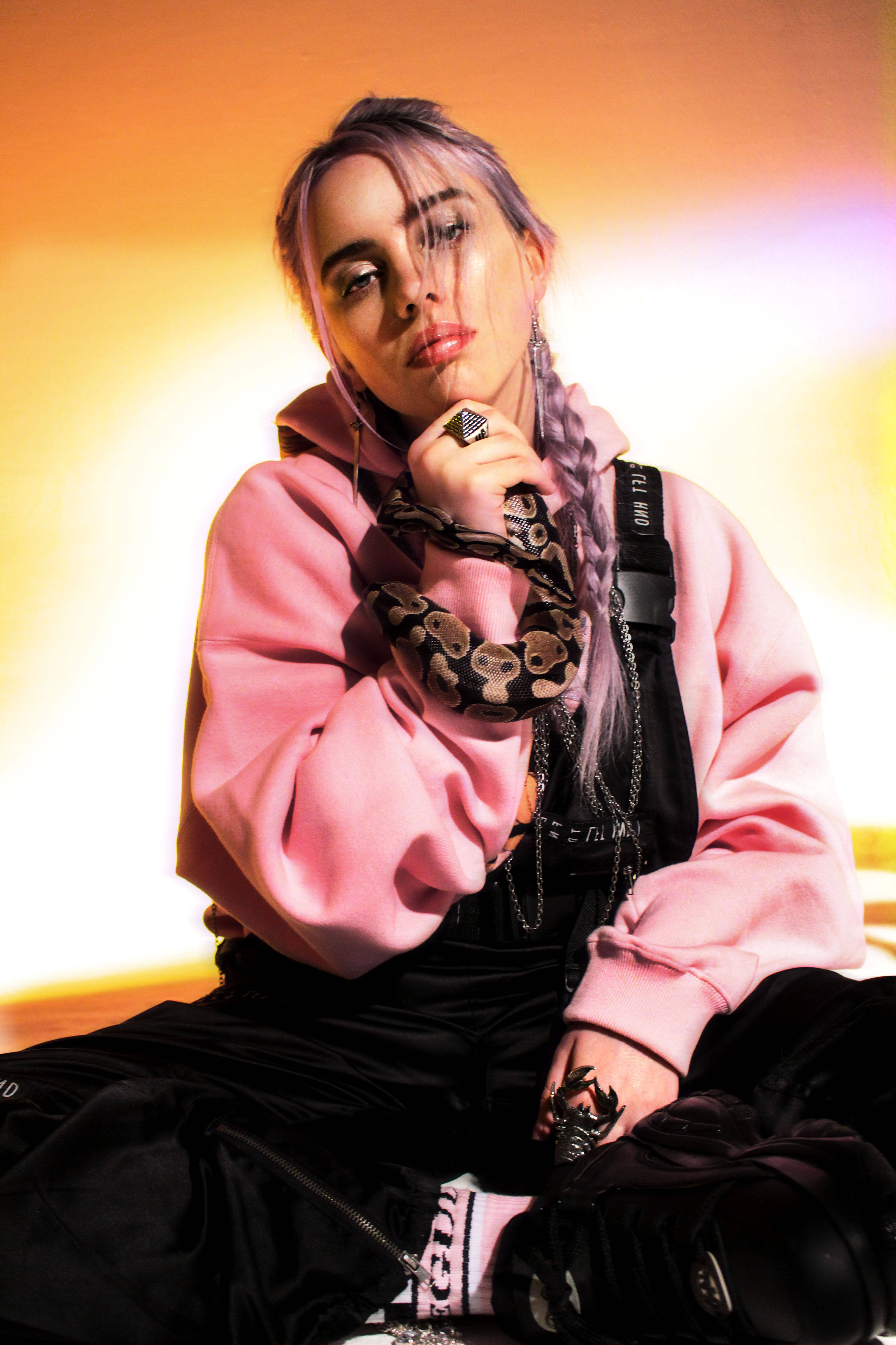 Billie Eilish, purple braids, pink hoodie, 5K Phone Wallpaper
