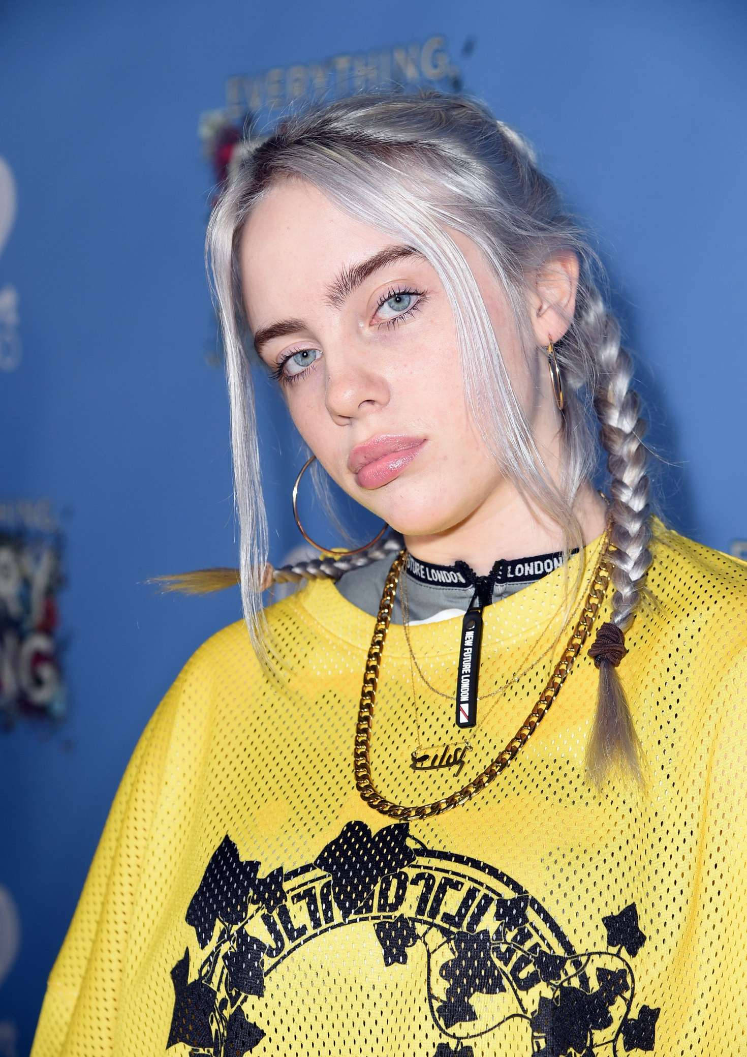 Billie Eilish, silver braids, hoop earrings, Full HD Phone Wallpaper