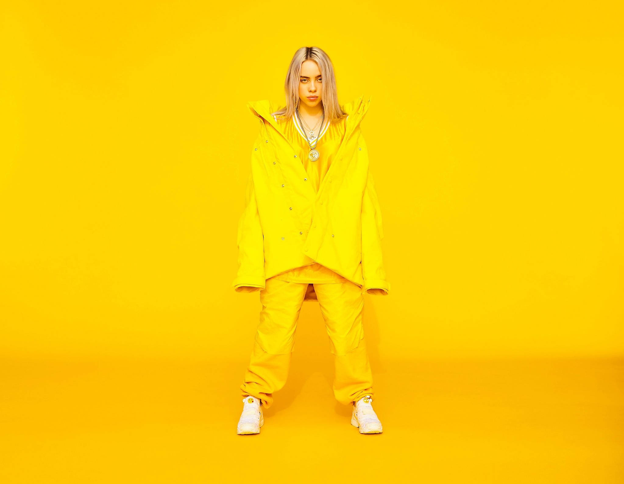 Billie Eilish, yellow outfit, solid yellow studio background, Full HD Desktop Wallpaper