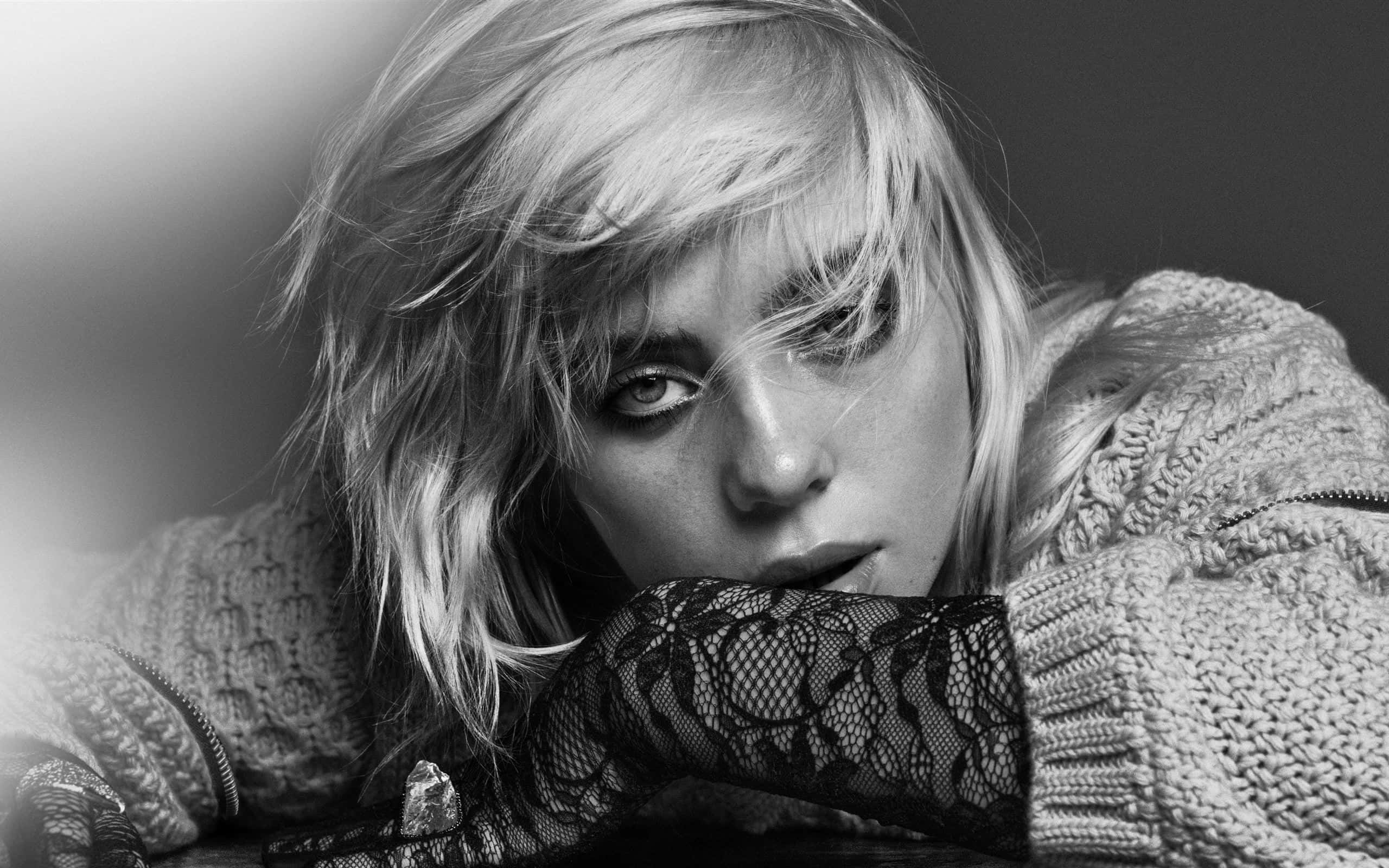 Billie Eilish 2021, black and white portrait, tousled blonde hair, 2K Desktop Wallpaper
