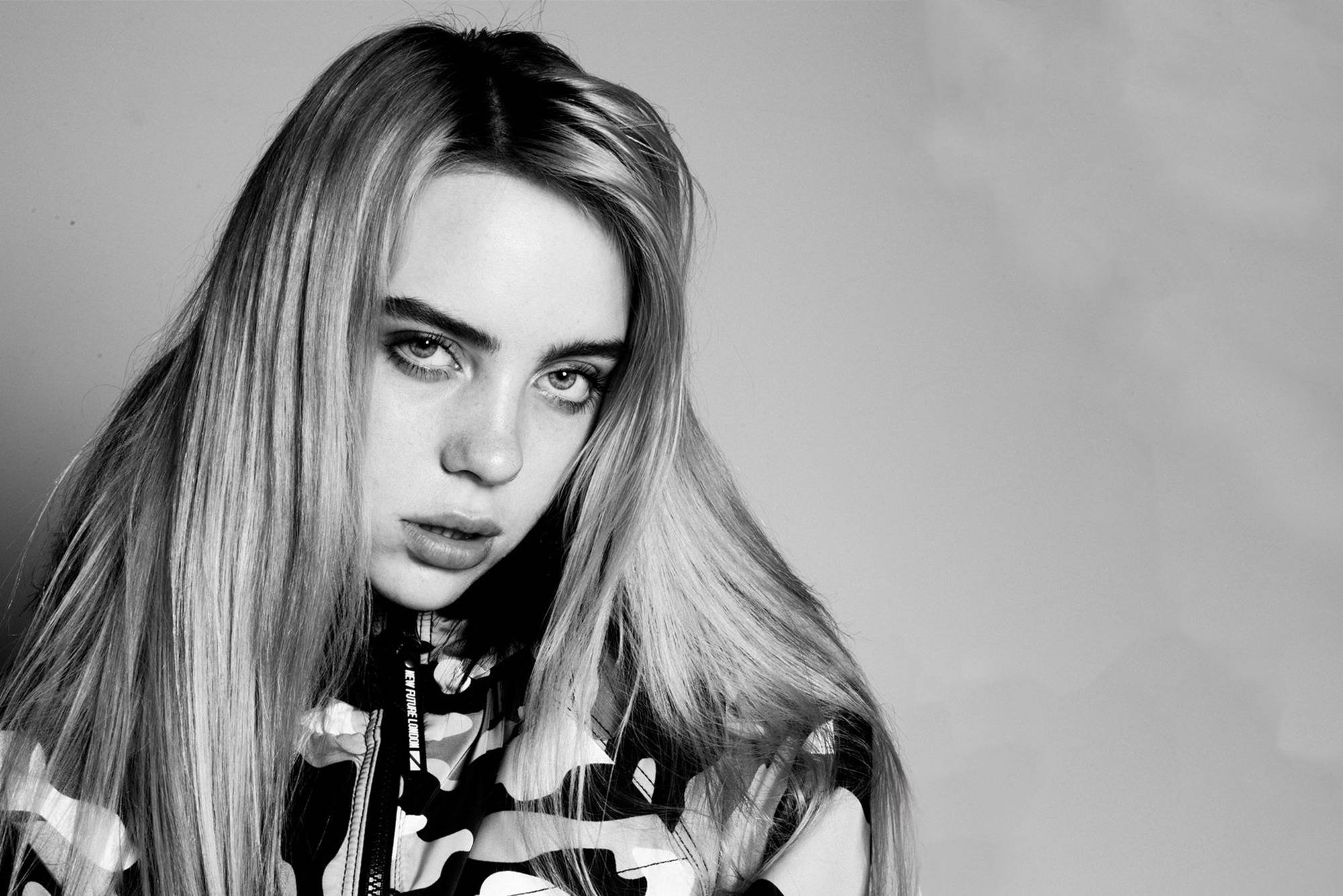 Billie Eilish, black and white, portrait, Full HD Desktop Wallpaper