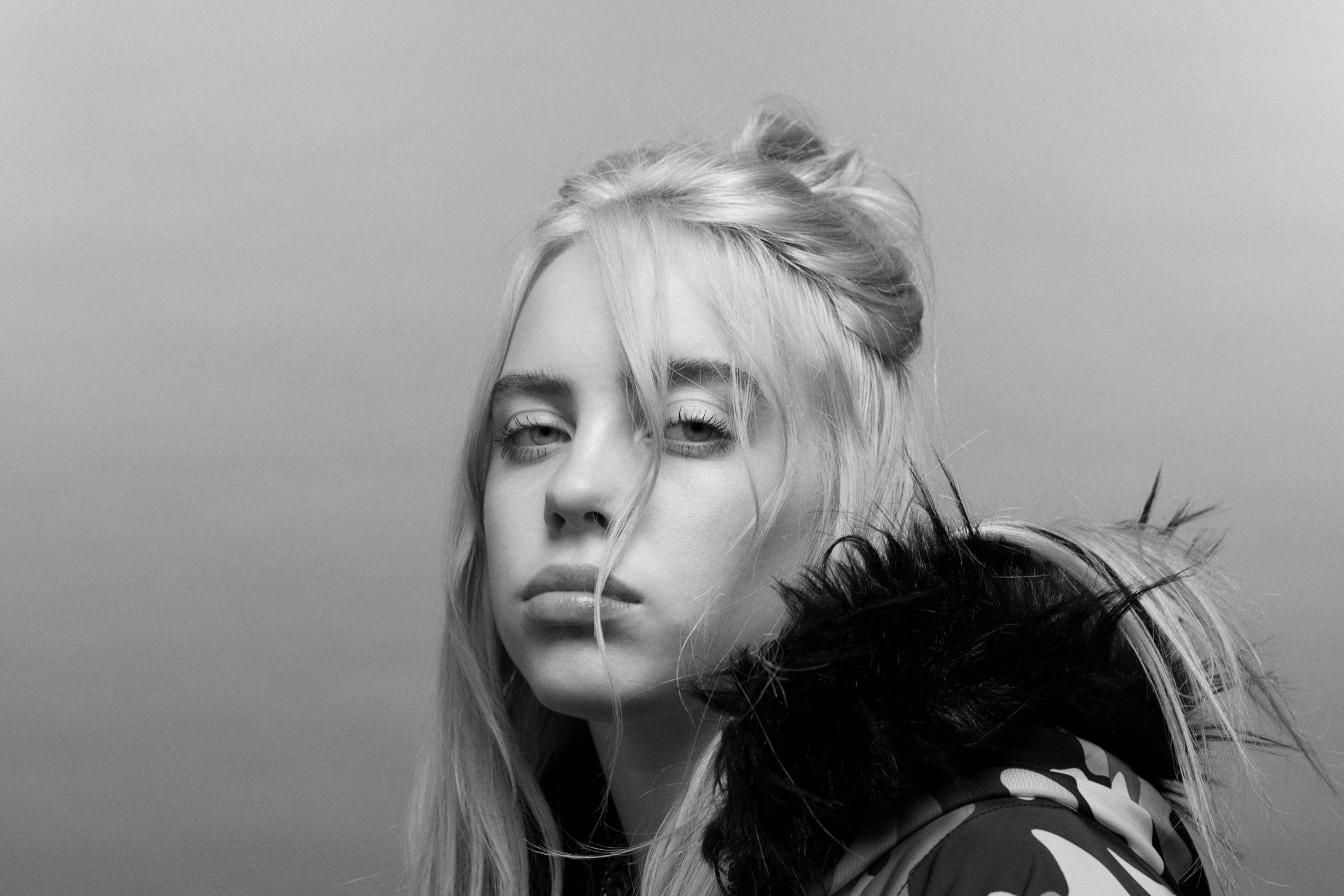 Billie Eilish, monochrome, black and white portrait, Full HD Desktop Wallpaper