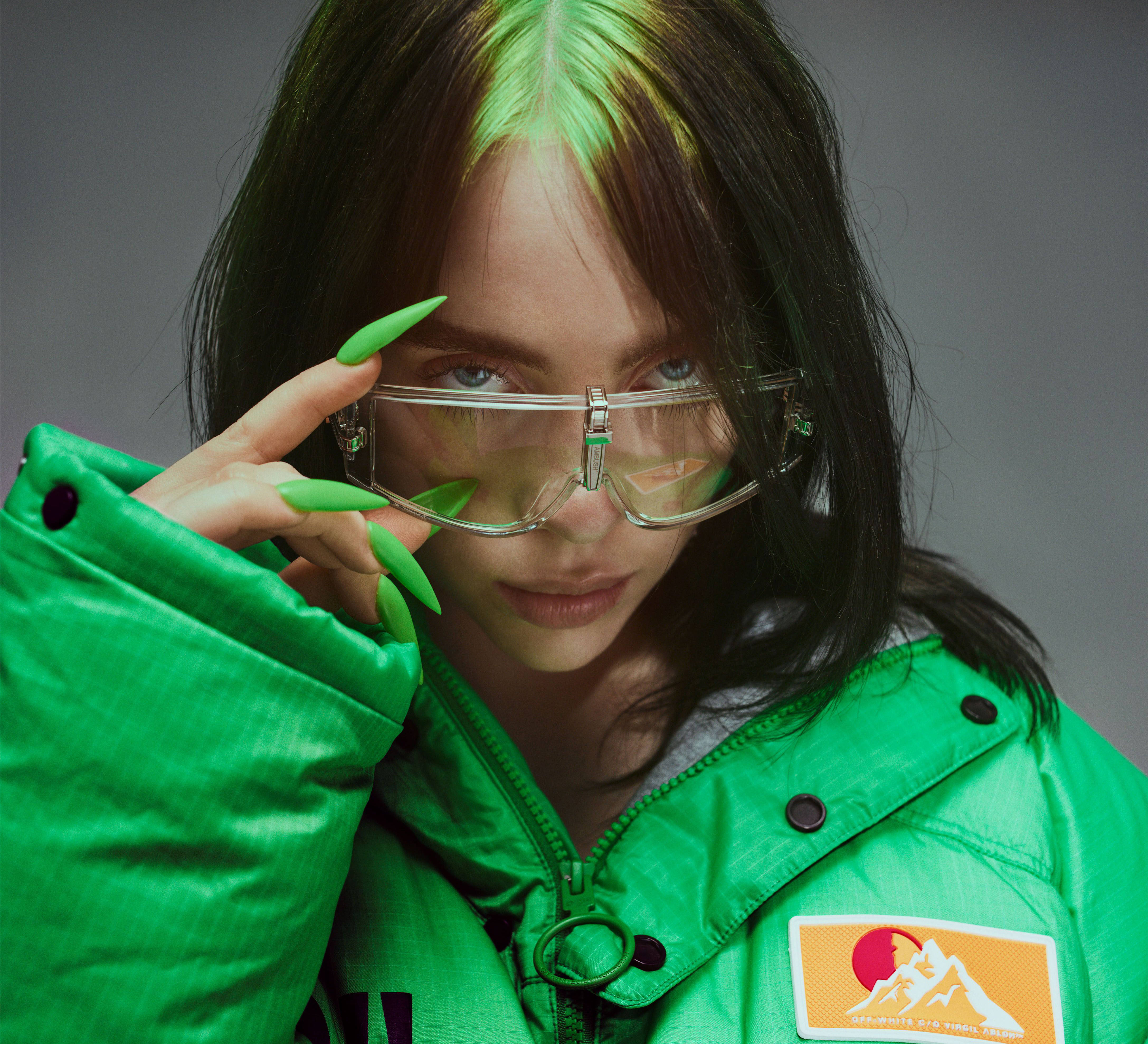 neon green hair, neon green nails, futuristic clear glasses, 4K Desktop Wallpaper