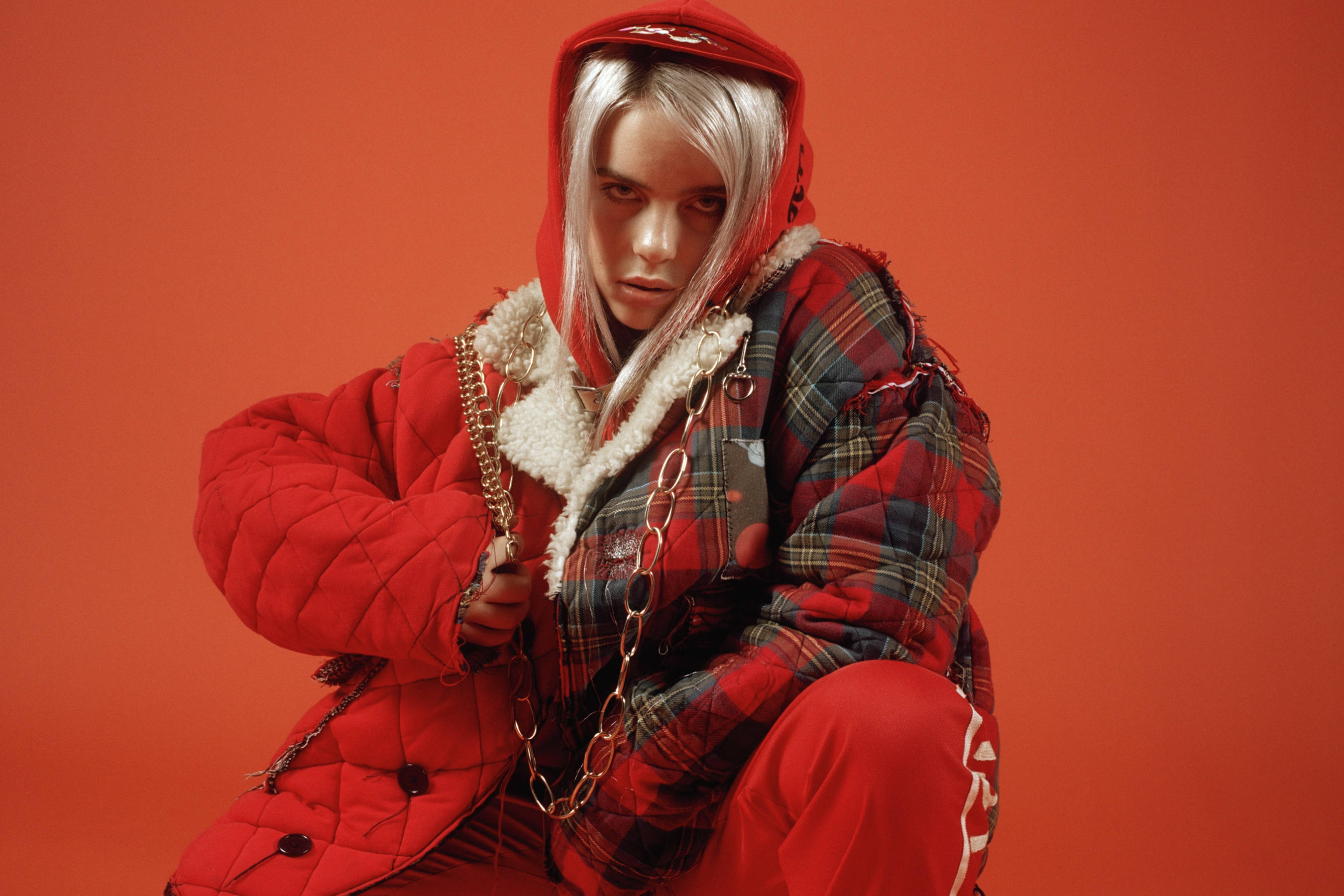 Billie Eilish 4K, red, silver hair, 2K Desktop Wallpaper