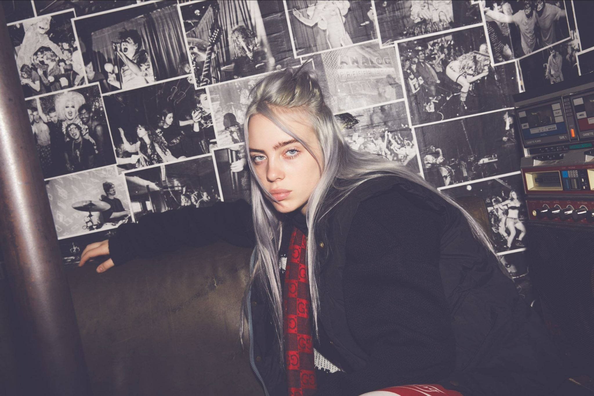 Billie Eilish, gray hair, black and white concert photos, Full HD Desktop Wallpaper
