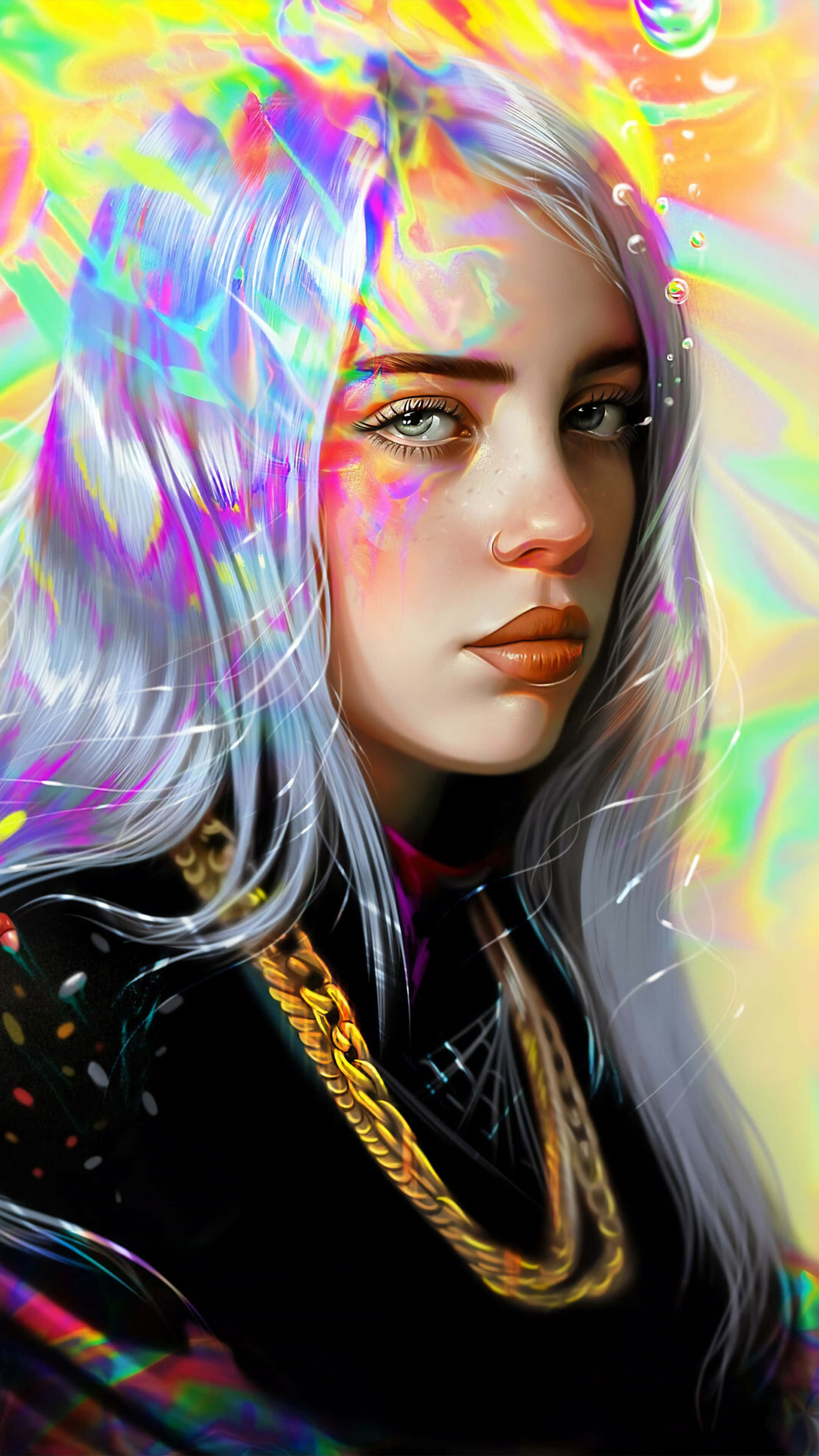 Billie Eilish, silver hair, glowing rainbow aura, 4K Phone Wallpaper