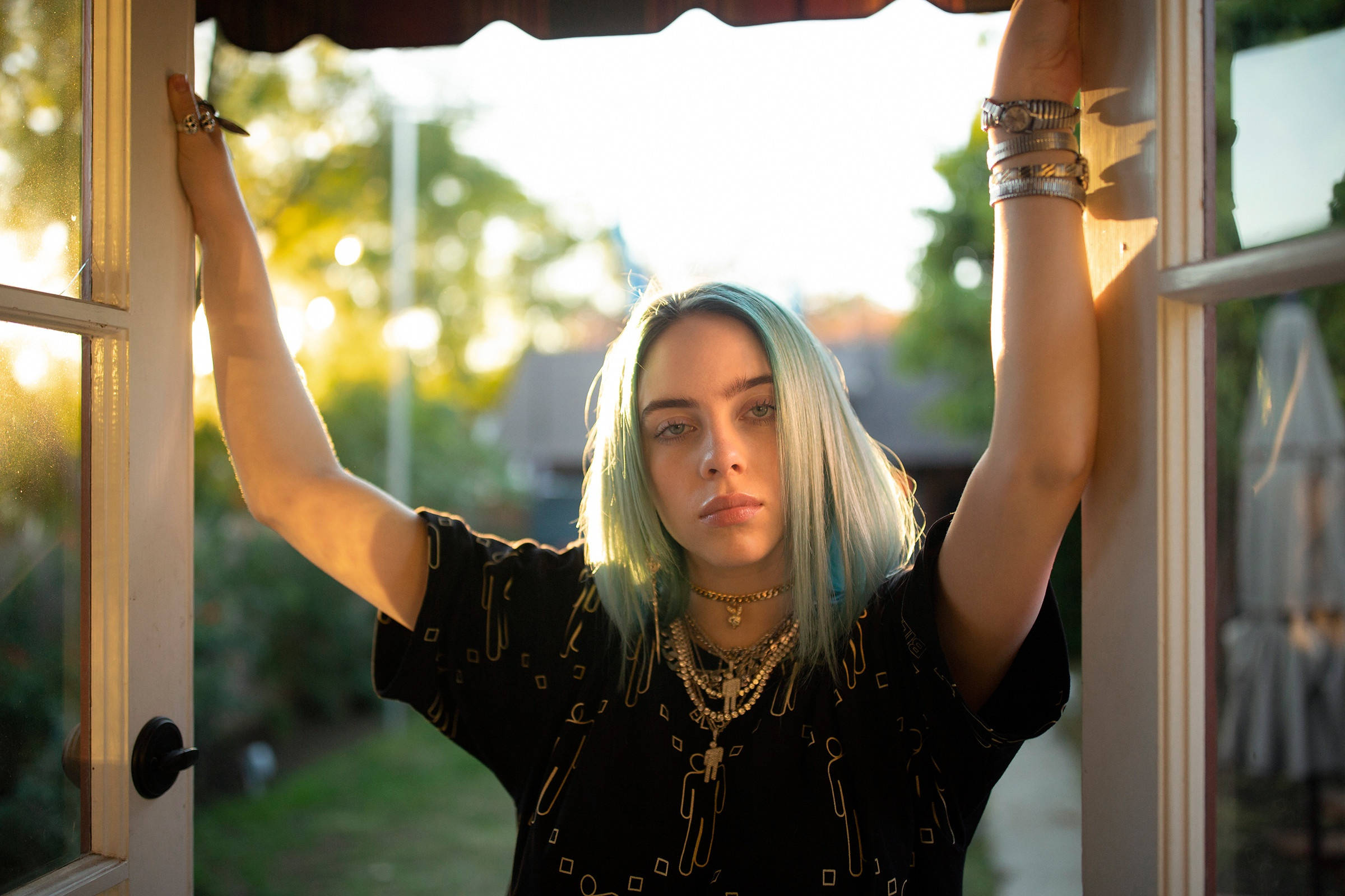 Billie Eilish, teal highlights, sunlit window frame, Full HD Desktop Wallpaper