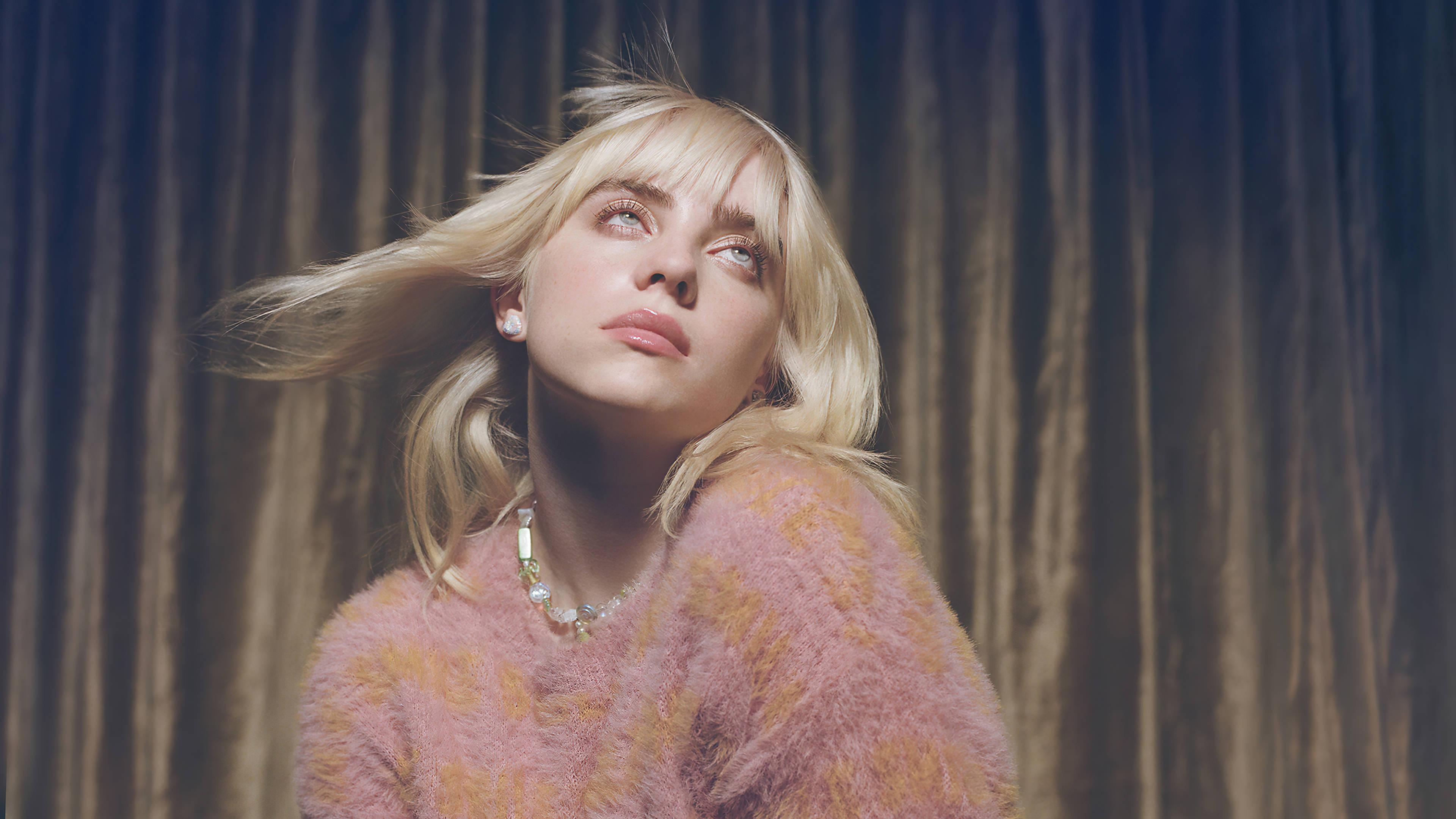 Billie Eilish, blonde woman, fuzzy pink sweater, 4K Desktop Wallpaper