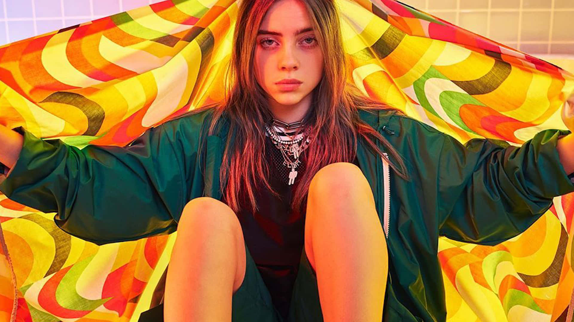 Billie Eilish, laptop, vibrant swirling patterned fabric, Full HD Desktop Wallpaper