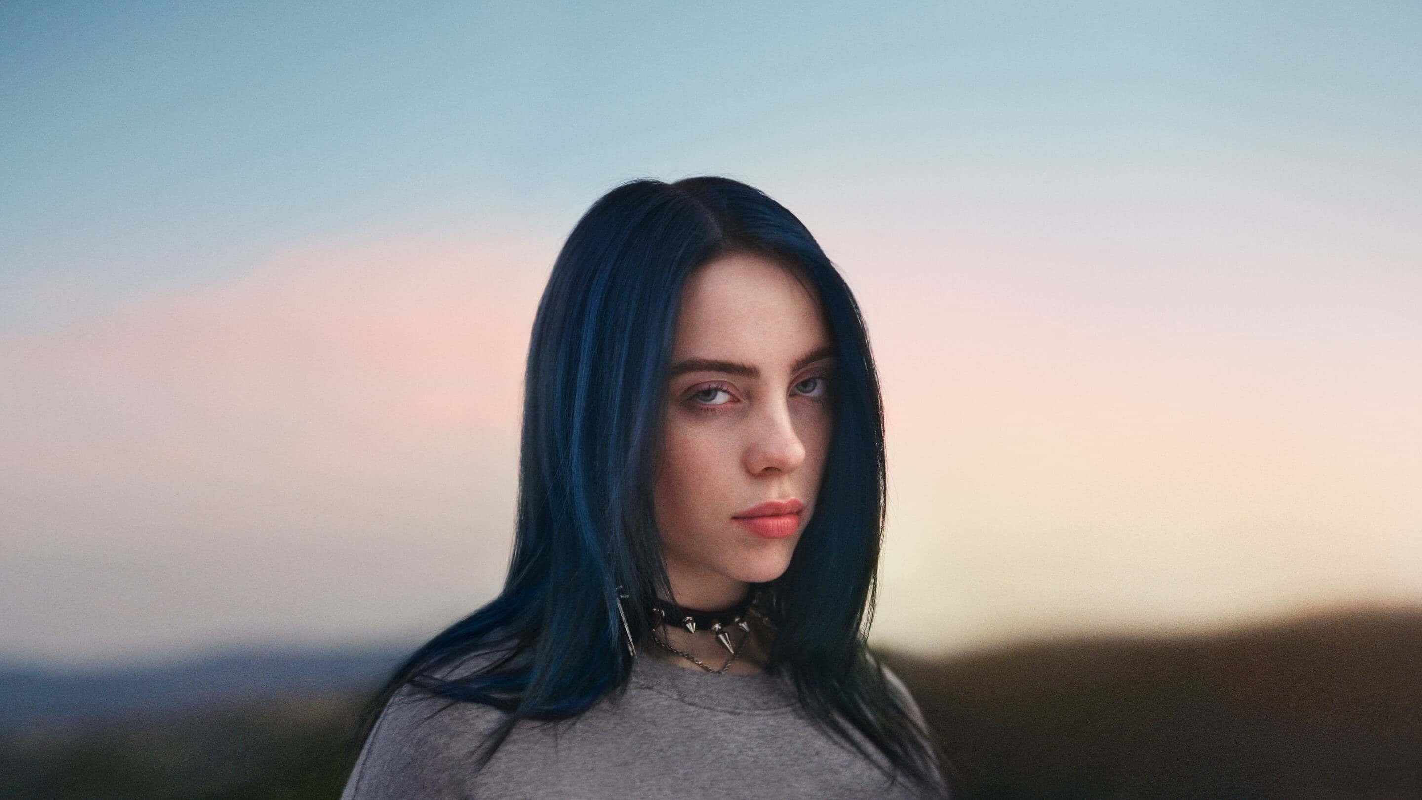 Billie Eilish, laptop, dark blue hair, 2K Desktop Wallpaper