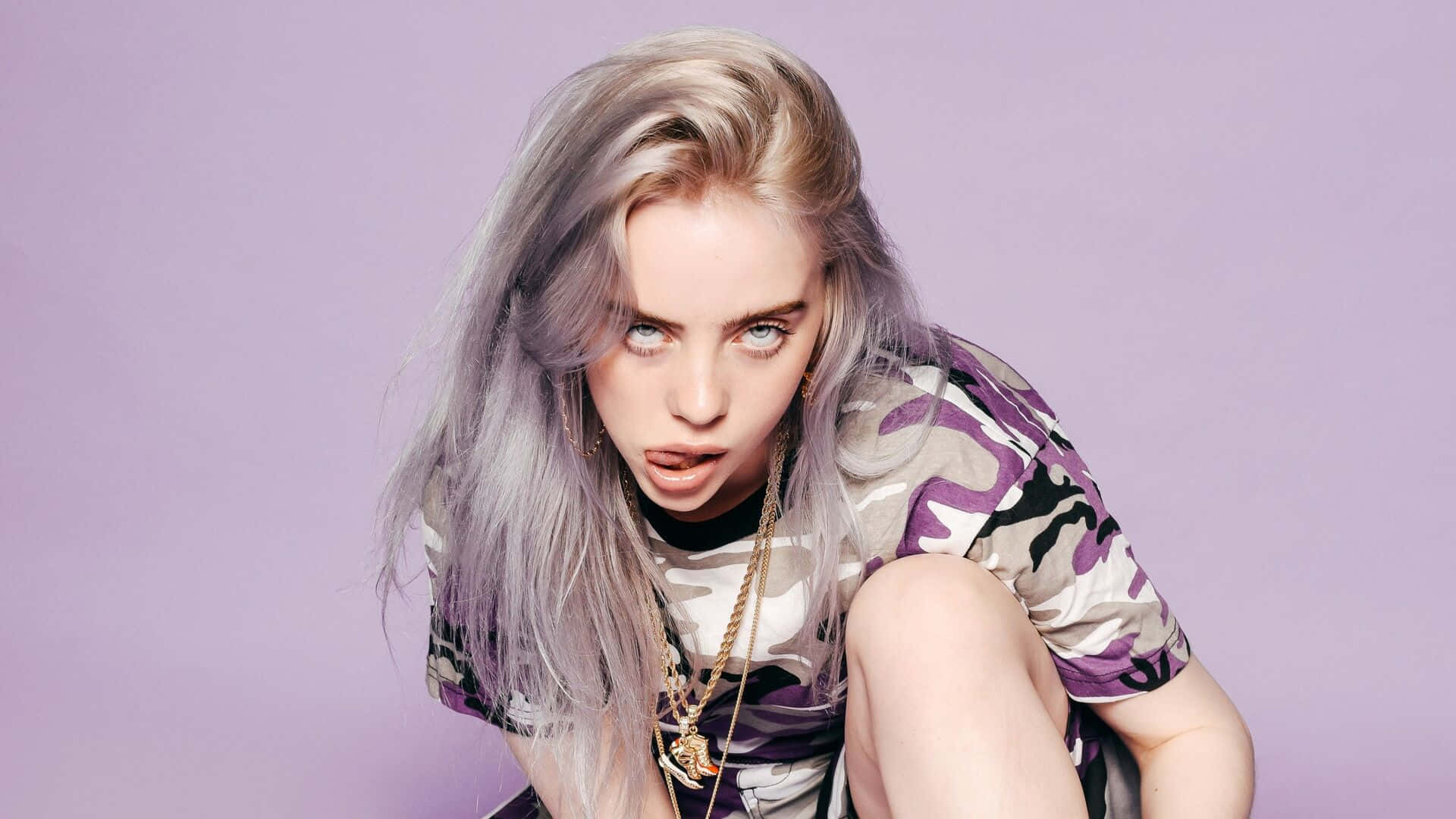 Billie Eilish, lavender backdrop, camouflage shirt, Full HD Desktop Wallpaper