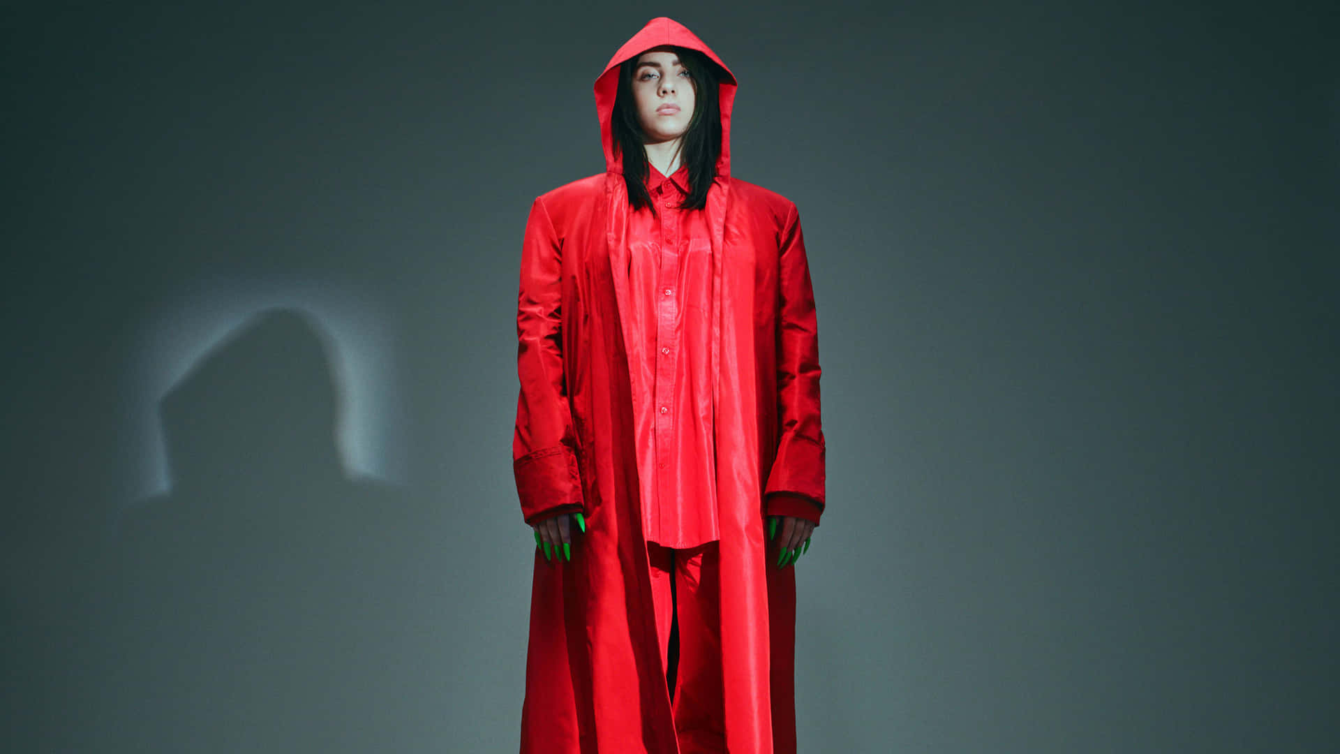 Billie Eilish, laptop, red hooded outfit, Full HD Desktop Wallpaper