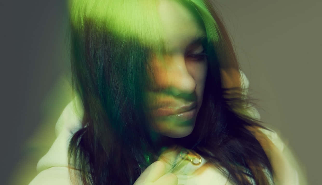 Billie Eilish, laptop, vibrant green light, HD Desktop Wallpaper