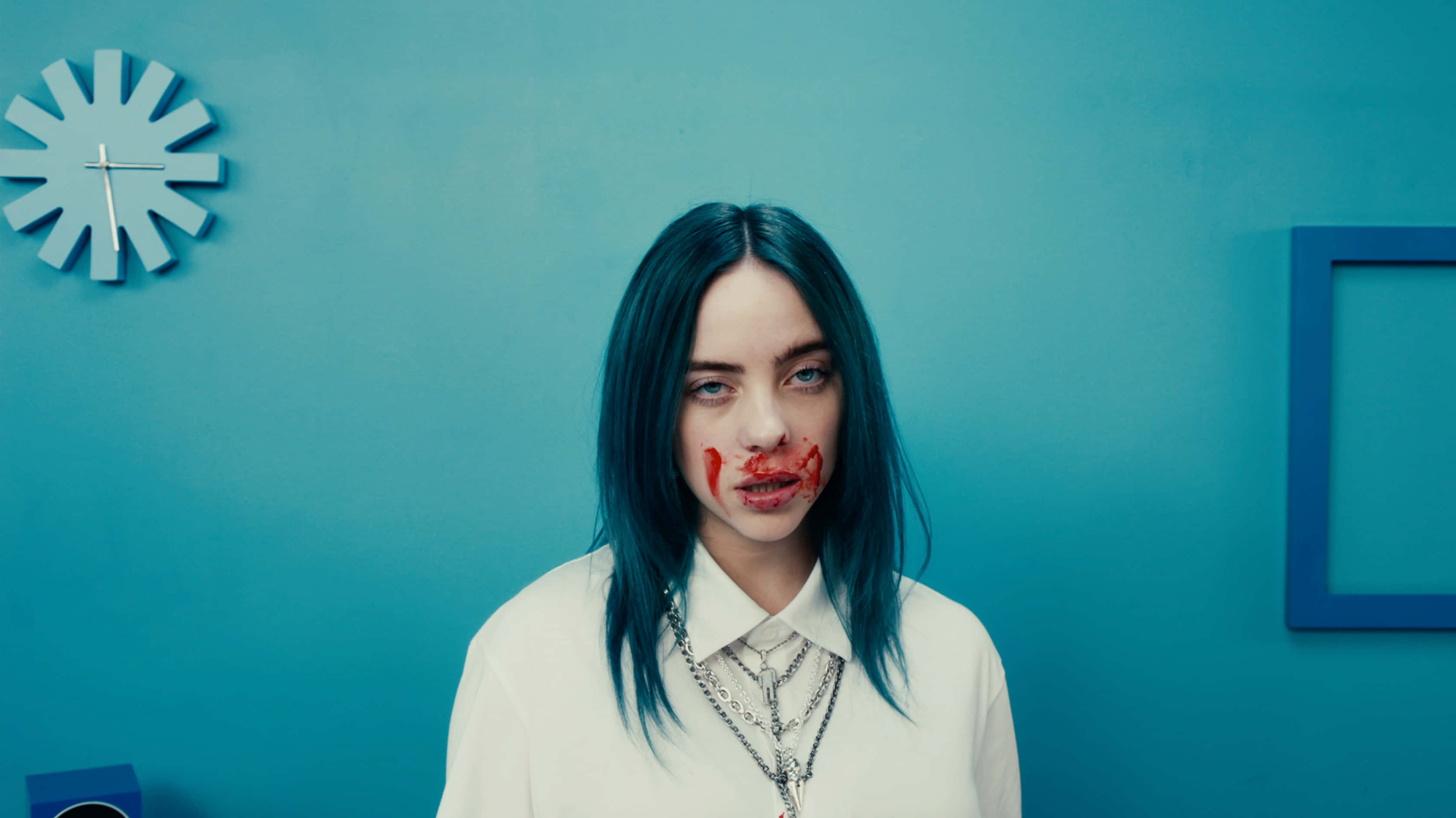 Billie Eilish, teal hair, blood on face, 2K Desktop Wallpaper