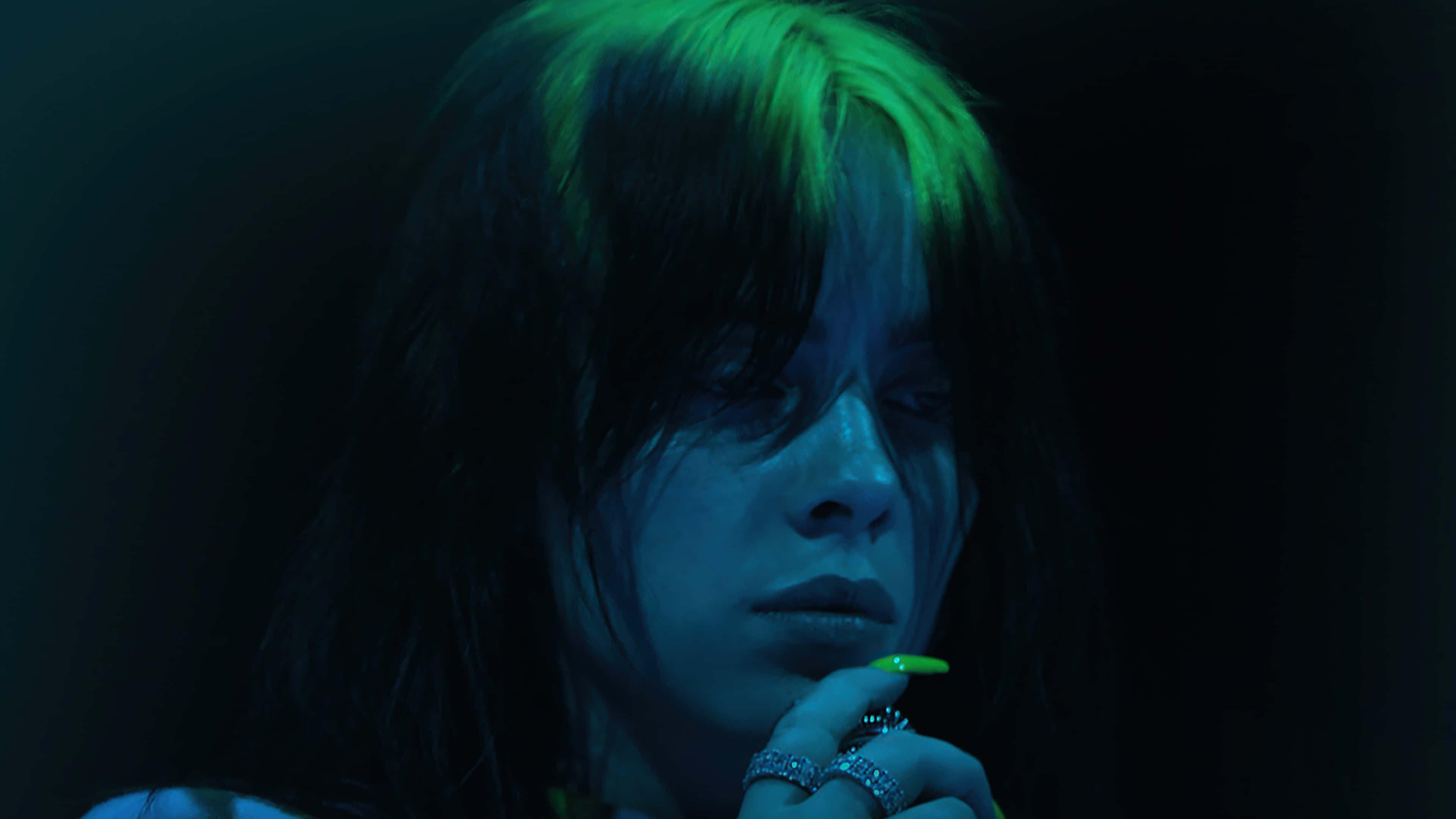 Billie Eilish, neon green highlights, moody blue lighting, 4K Desktop Wallpaper