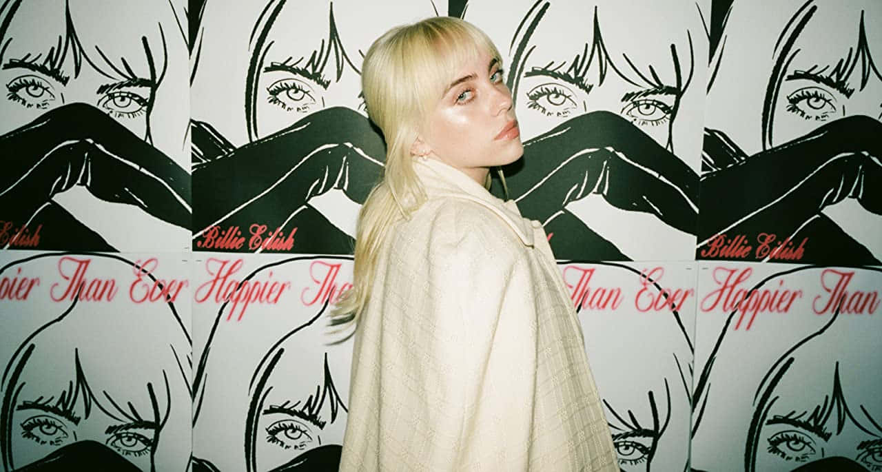 Billie Eilish, laptop, black and white illustrated wall, HD Desktop Wallpaper