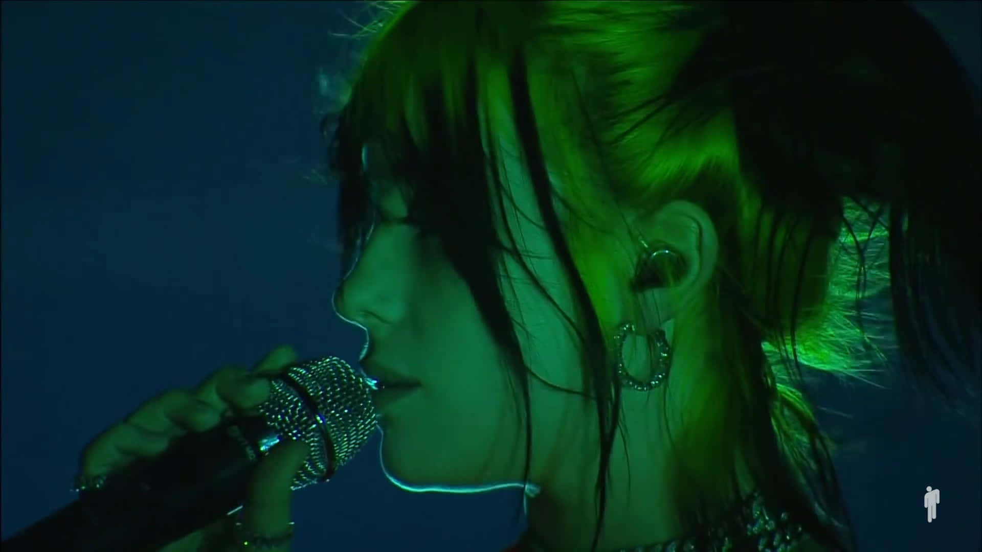Billie Eilish, laptop, vibrant green stage lights, Full HD Desktop Wallpaper