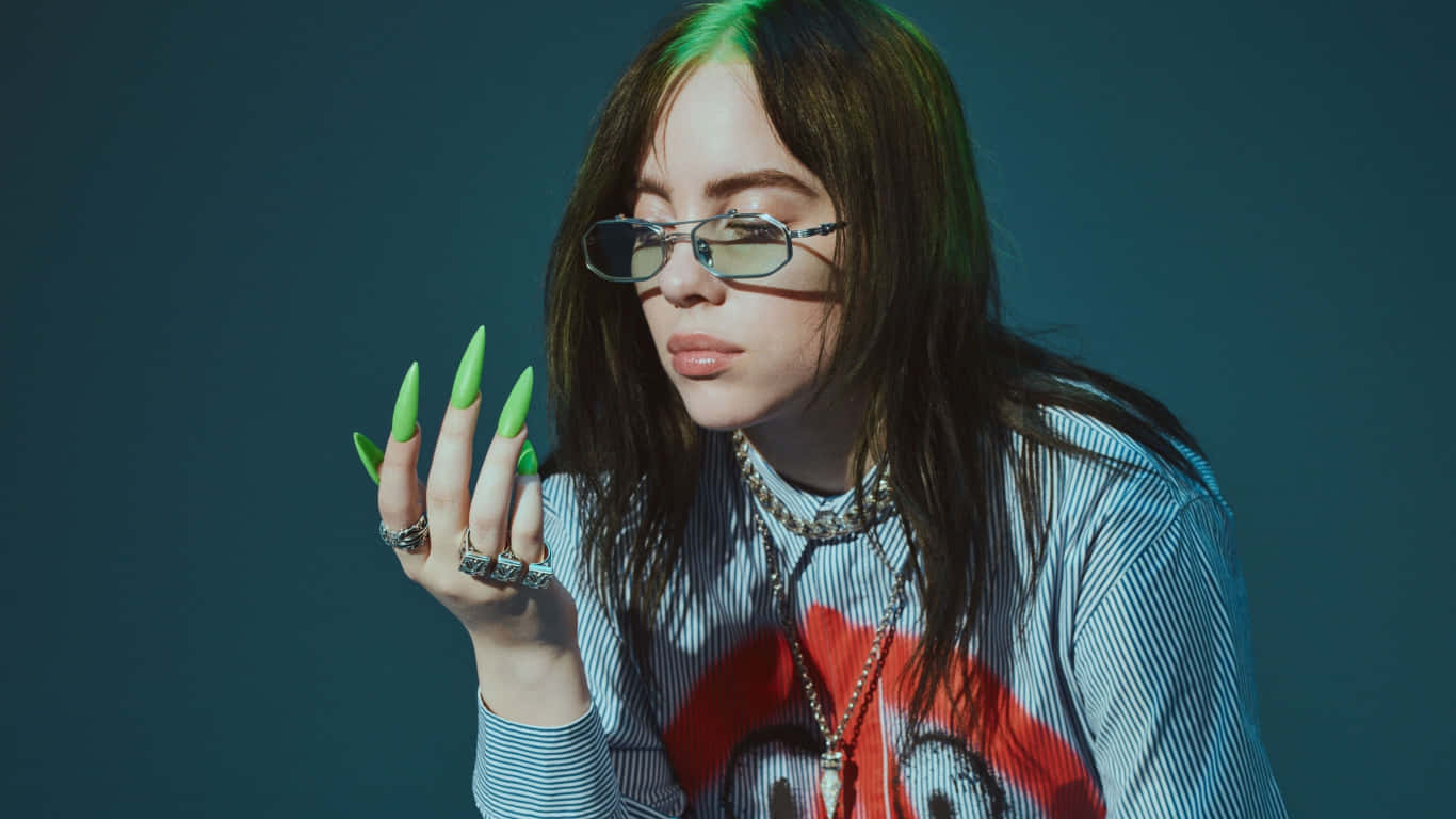 Billie Eilish, neon green nails, glasses, HD Desktop Wallpaper
