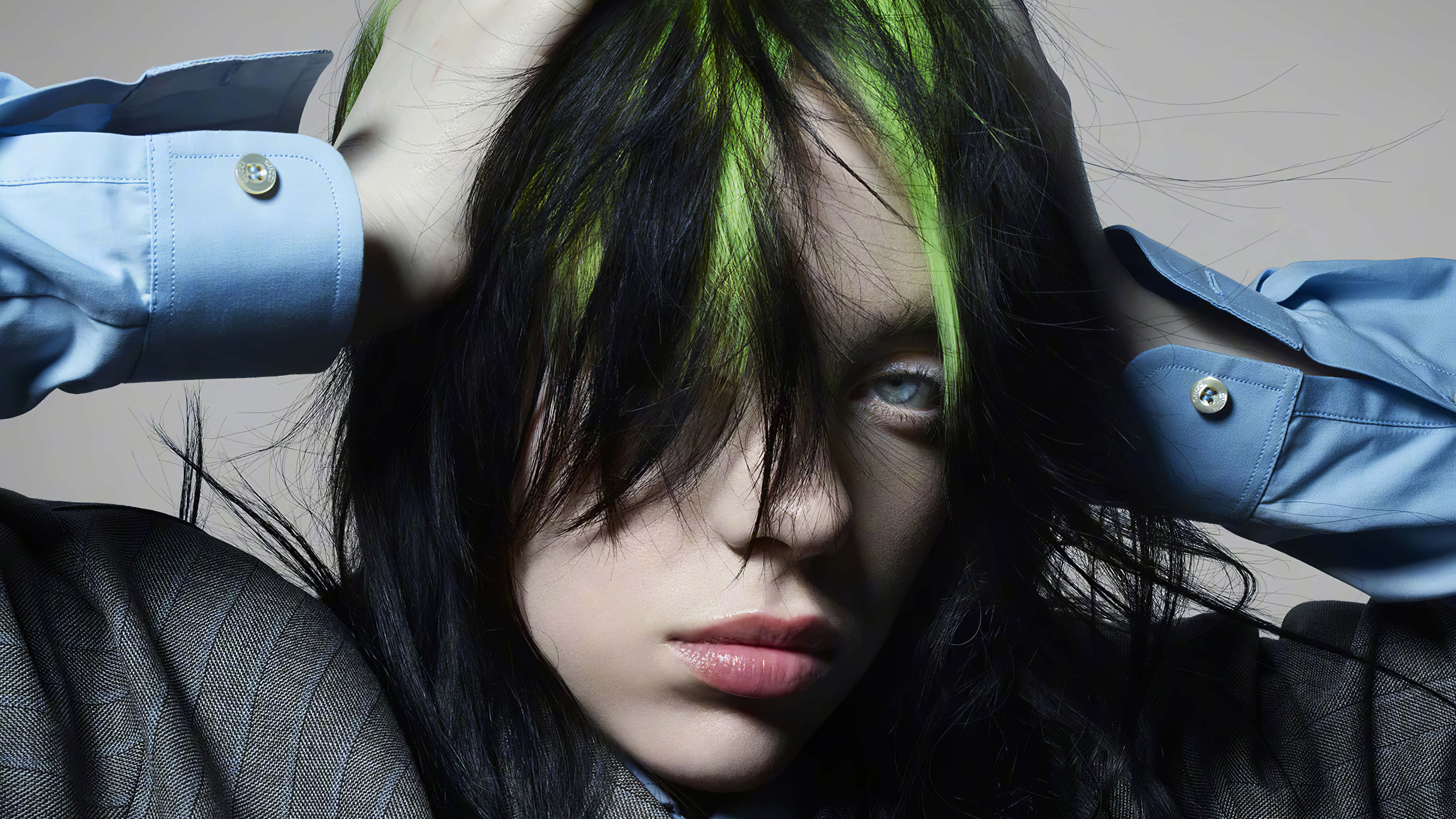Billie Eilish, laptop, green streaks, 2K Desktop Wallpaper