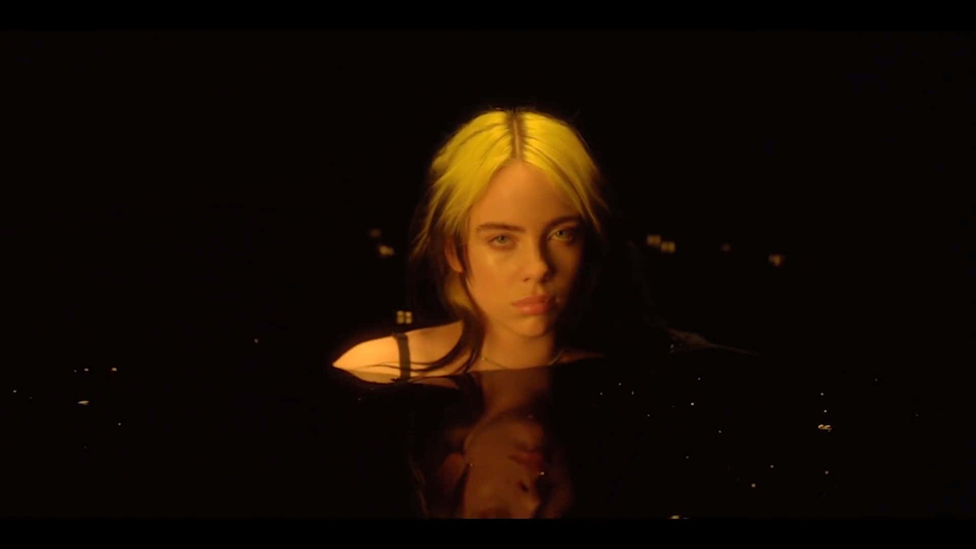 Billie Eilish, laptop, dark water surface, Full HD Desktop Wallpaper