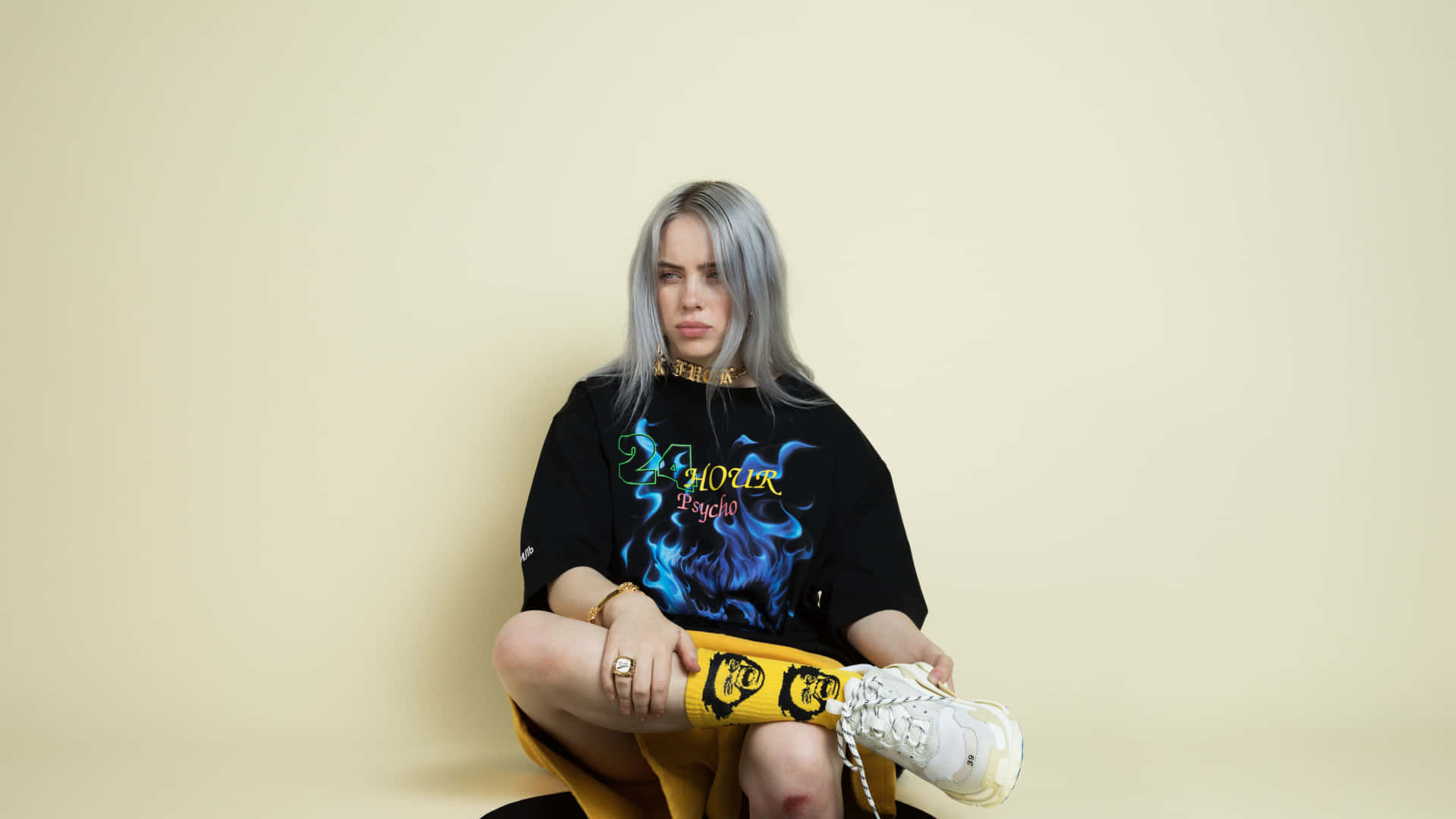 Billie Eilish, black graphic tee, yellow pants, Full HD Desktop Wallpaper