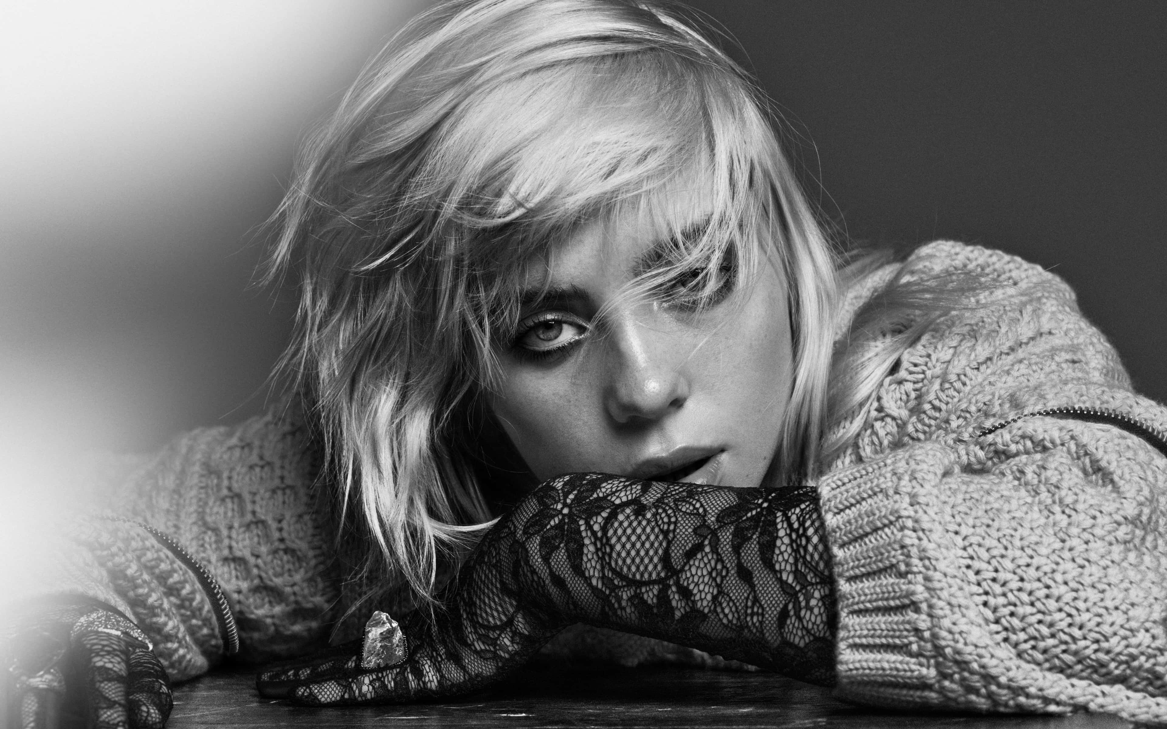 Billie Eilish, laptop, black and white portrait, 4K Desktop Wallpaper
