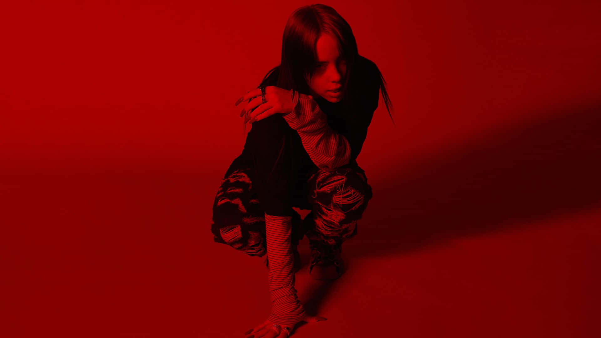 Billie Eilish, laptop, monochromatic red, Full HD Desktop Wallpaper