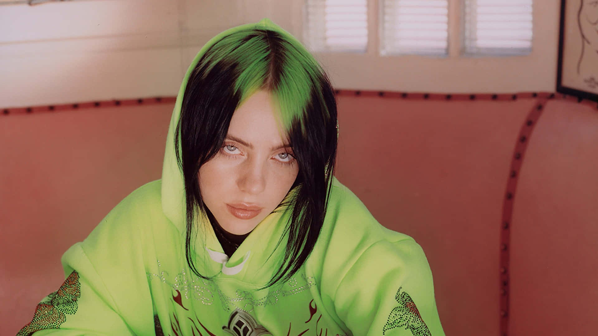 Billie Eilish, neon green hoodie, pink couch, Full HD Desktop Wallpaper