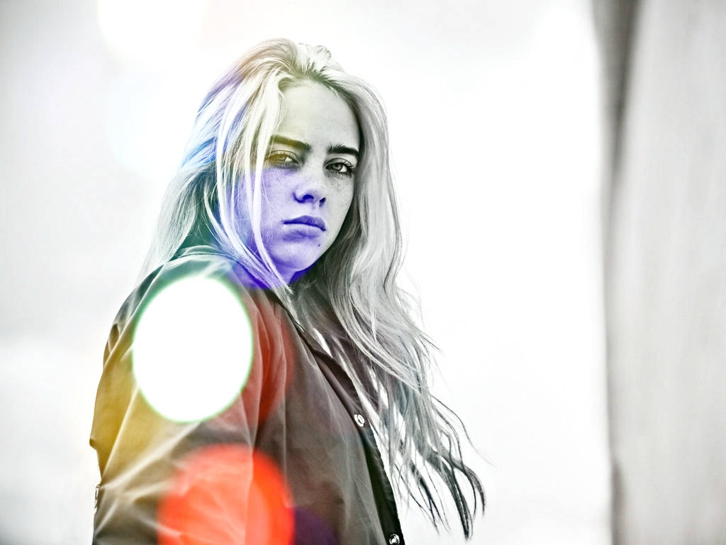Billie Eilish, long blonde hair, bright white background, SD Desktop Wallpaper
