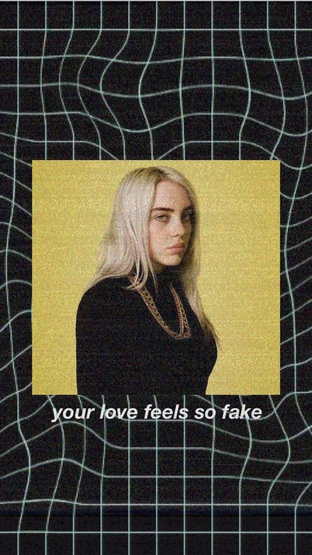 Billie Eilish, gold frame, black grid background, HD Phone Wallpaper