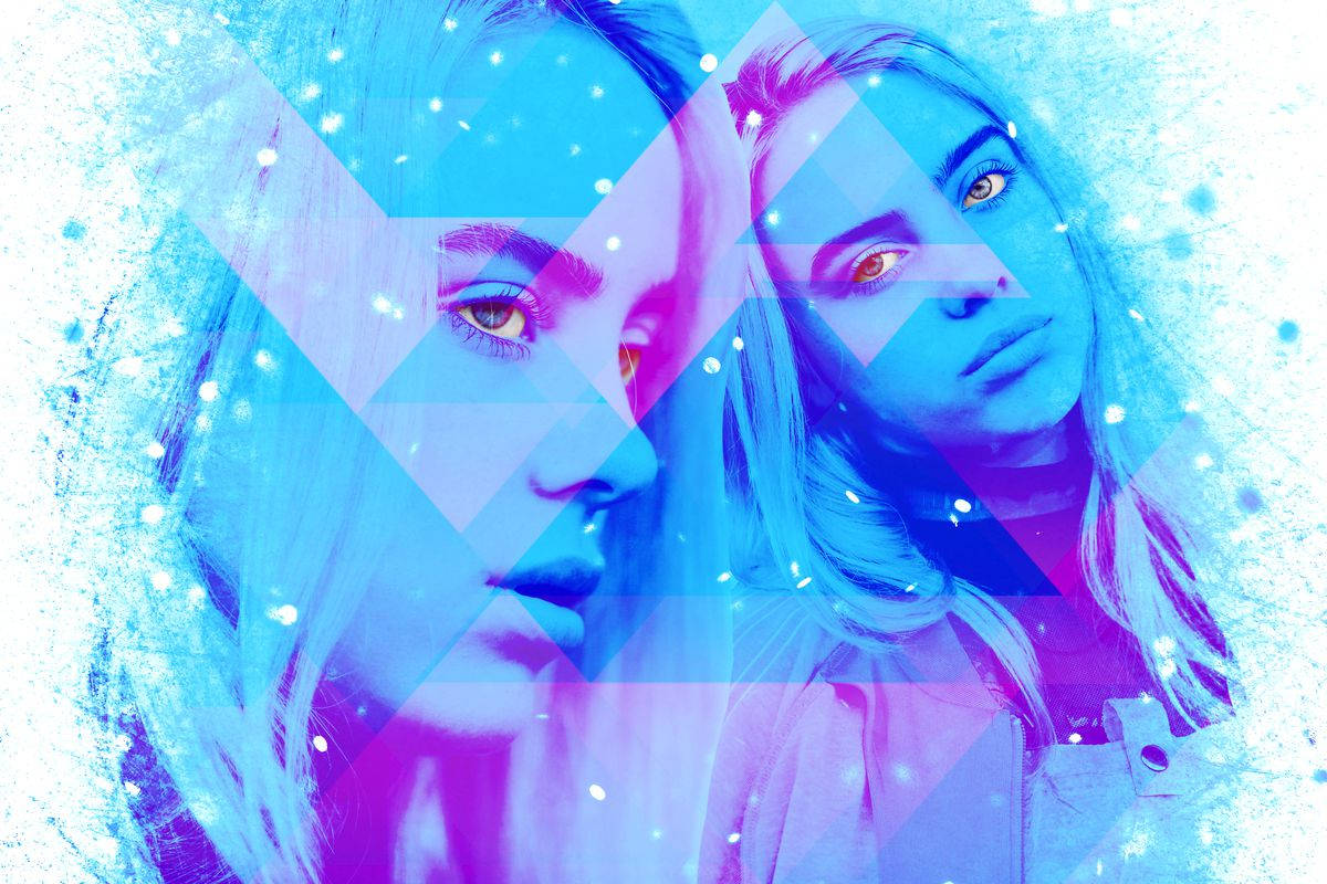 Billie Eilish, glowing eyes, vibrant blue pink hues, SD Desktop Wallpaper