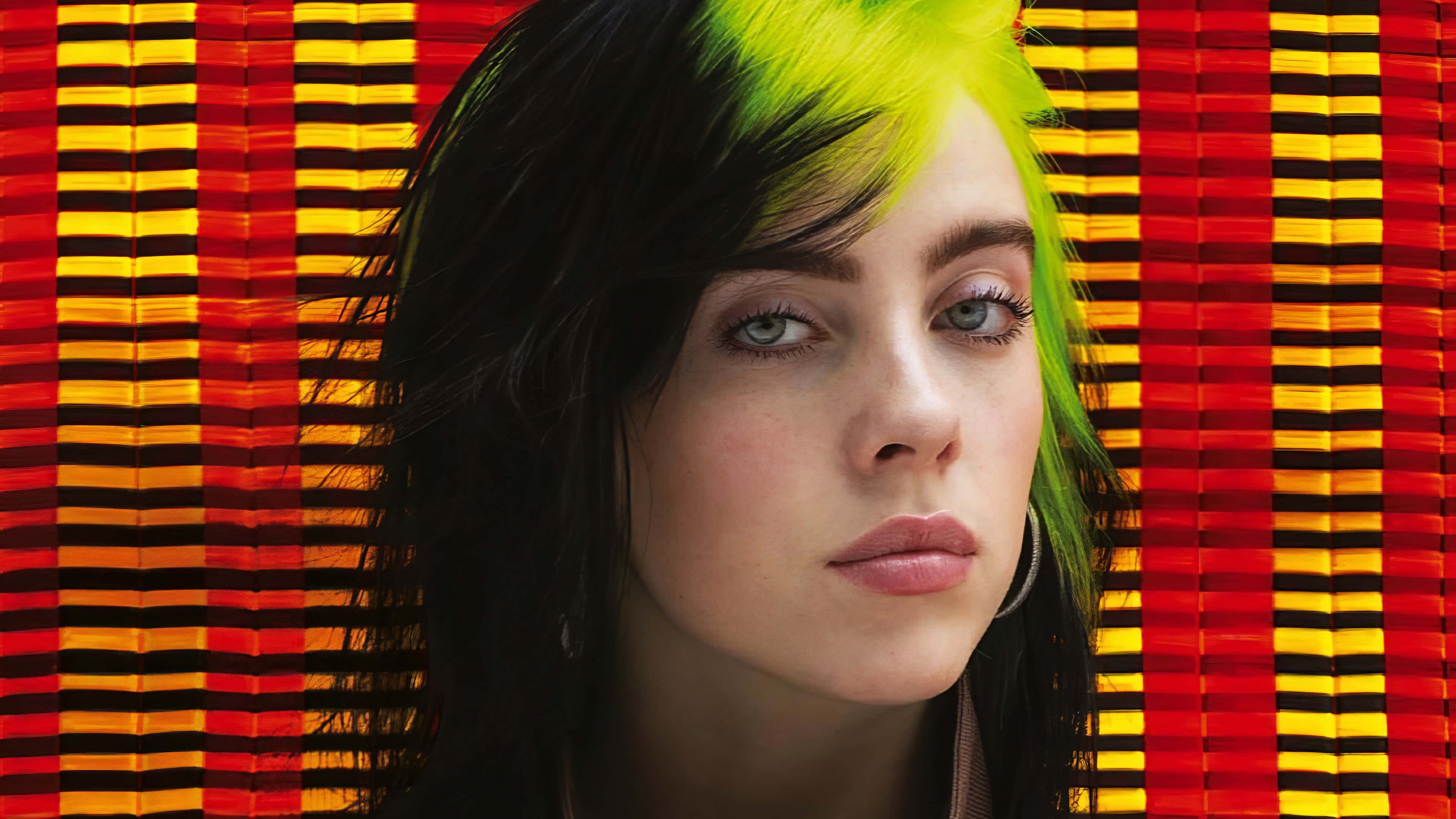 Billie Eilish, neon green hair, bold red yellow striped background, 4K Desktop Wallpaper