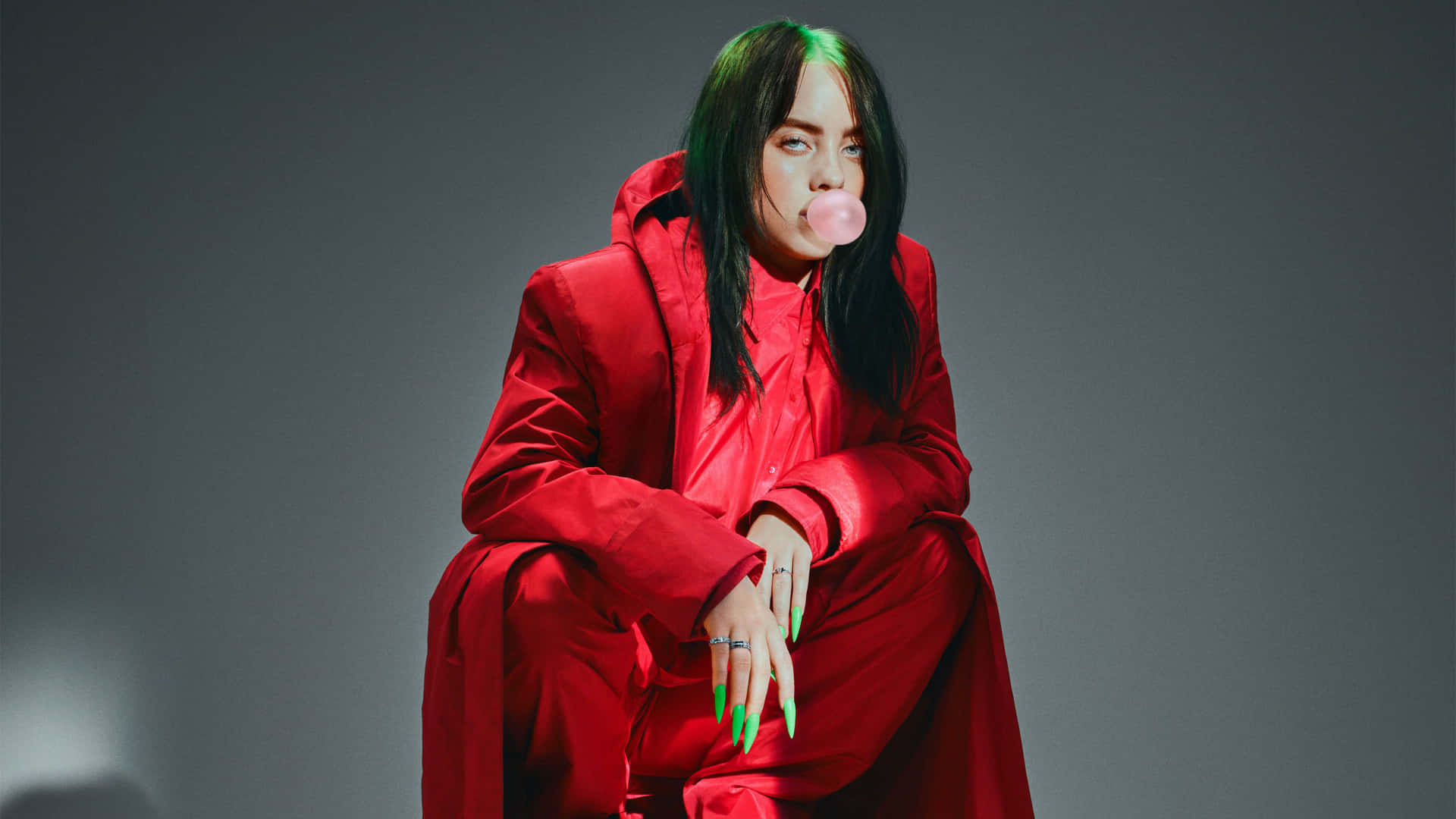 Billie Eilish, laptop, bold red outfit, Full HD Desktop Wallpaper