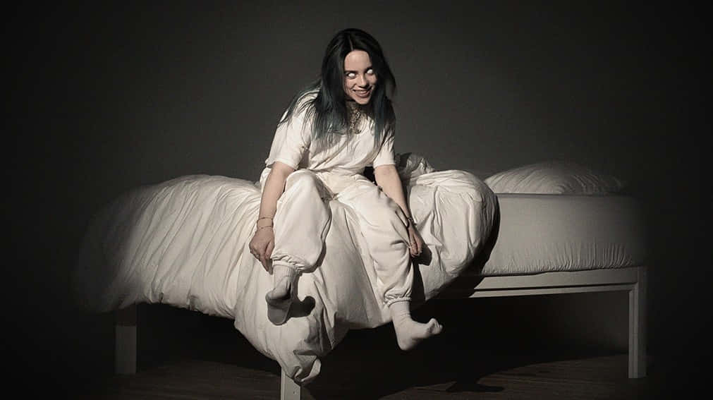 Billie Eilish, laptop, white loungewear, SD Desktop Wallpaper