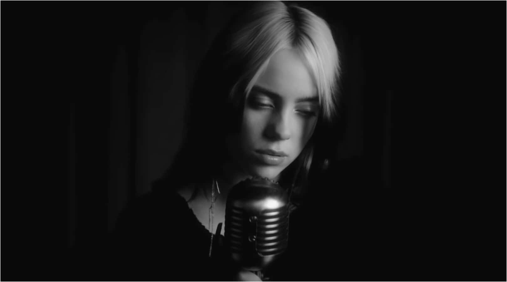 Billie Eilish, vintage microphone, dimly lit studio, HD Desktop Wallpaper