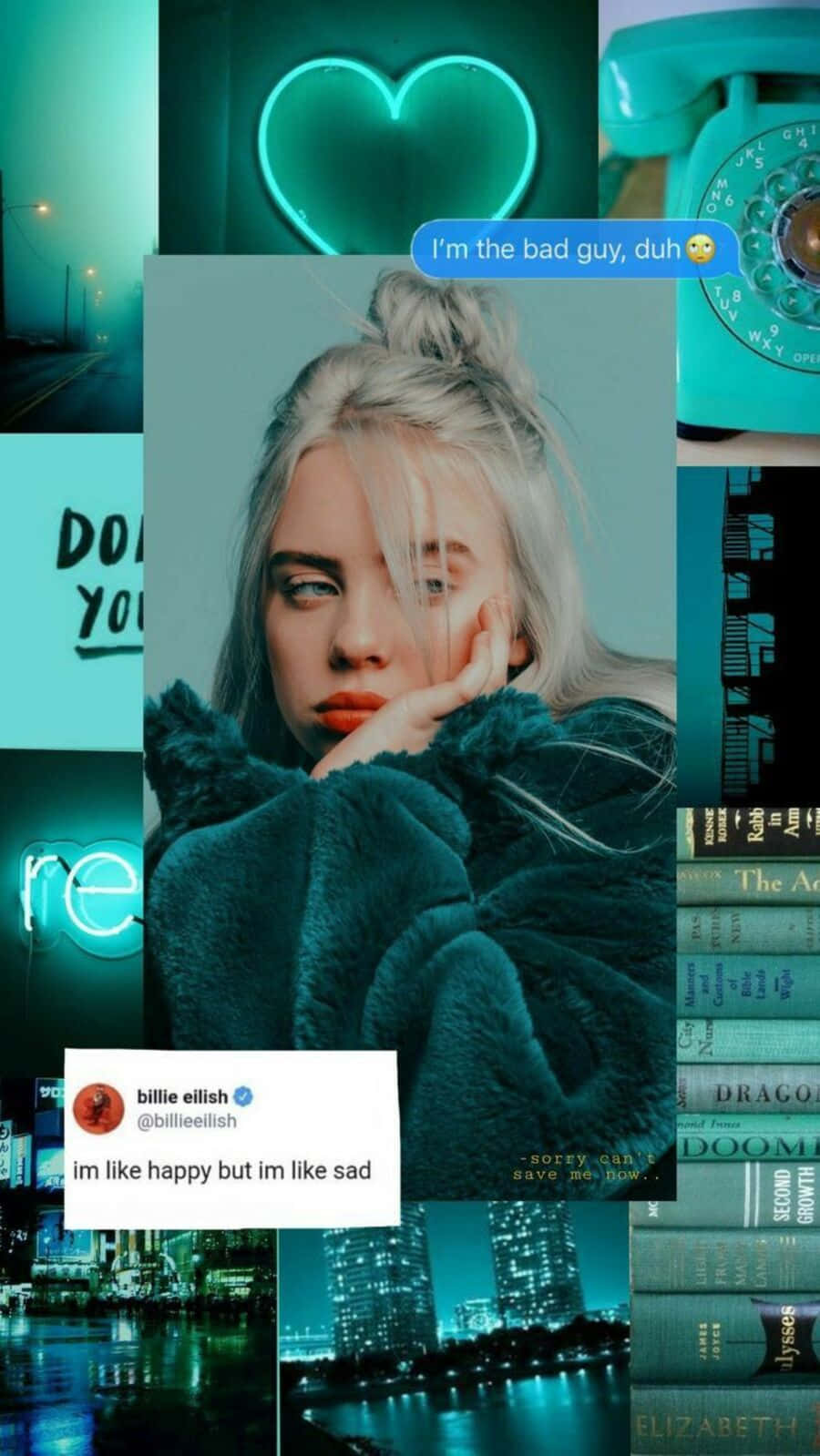 Billie Eilish, teal fur coat, neon heart, HD Phone Wallpaper